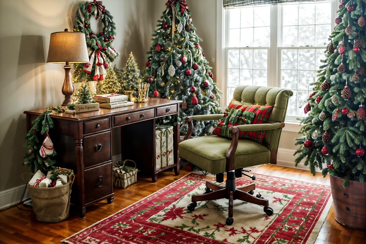christmas-style (home office interior) with office chair and cabinets and plant and desk lamp and computer desk and office chair. . with a few big socks hanging and tie pinecones and berries and plaid rugs and berries and greenery draped and christmas ornaments and giftwrapped gifts and snow outside and ribbons. . cinematic photo, highly detailed, cinematic lighting, ultra-detailed, ultrarealistic, photorealism, 8k. christmas interior design style. masterpiece, cinematic light, ultrarealistic+, photorealistic+, 8k, raw photo, realistic, sharp focus on eyes, (symmetrical eyes), (intact eyes), hyperrealistic, highest quality, best quality, , highly detailed, masterpiece, best quality, extremely detailed 8k wallpaper, masterpiece, best quality, ultra-detailed, best shadow, detailed background, detailed face, detailed eyes, high contrast, best illumination, detailed face, dulux, caustic, dynamic angle, detailed glow. dramatic lighting. highly detailed, insanely detailed hair, symmetrical, intricate details, professionally retouched, 8k high definition. strong bokeh. award winning photo.