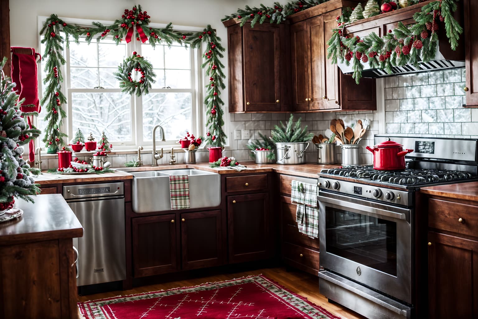 christmas-style (kitchen interior) with stove and kitchen cabinets and plant and worktops and sink and refrigerator and stove. . with snow outside and ribbons and plaid rugs and tie pinecones and berries and giftwrapped gifts and berries and greenery draped and a few big socks hanging and christmas ornaments. . cinematic photo, highly detailed, cinematic lighting, ultra-detailed, ultrarealistic, photorealism, 8k. christmas interior design style. masterpiece, cinematic light, ultrarealistic+, photorealistic+, 8k, raw photo, realistic, sharp focus on eyes, (symmetrical eyes), (intact eyes), hyperrealistic, highest quality, best quality, , highly detailed, masterpiece, best quality, extremely detailed 8k wallpaper, masterpiece, best quality, ultra-detailed, best shadow, detailed background, detailed face, detailed eyes, high contrast, best illumination, detailed face, dulux, caustic, dynamic angle, detailed glow. dramatic lighting. highly detailed, insanely detailed hair, symmetrical, intricate details, professionally retouched, 8k high definition. strong bokeh. award winning photo.