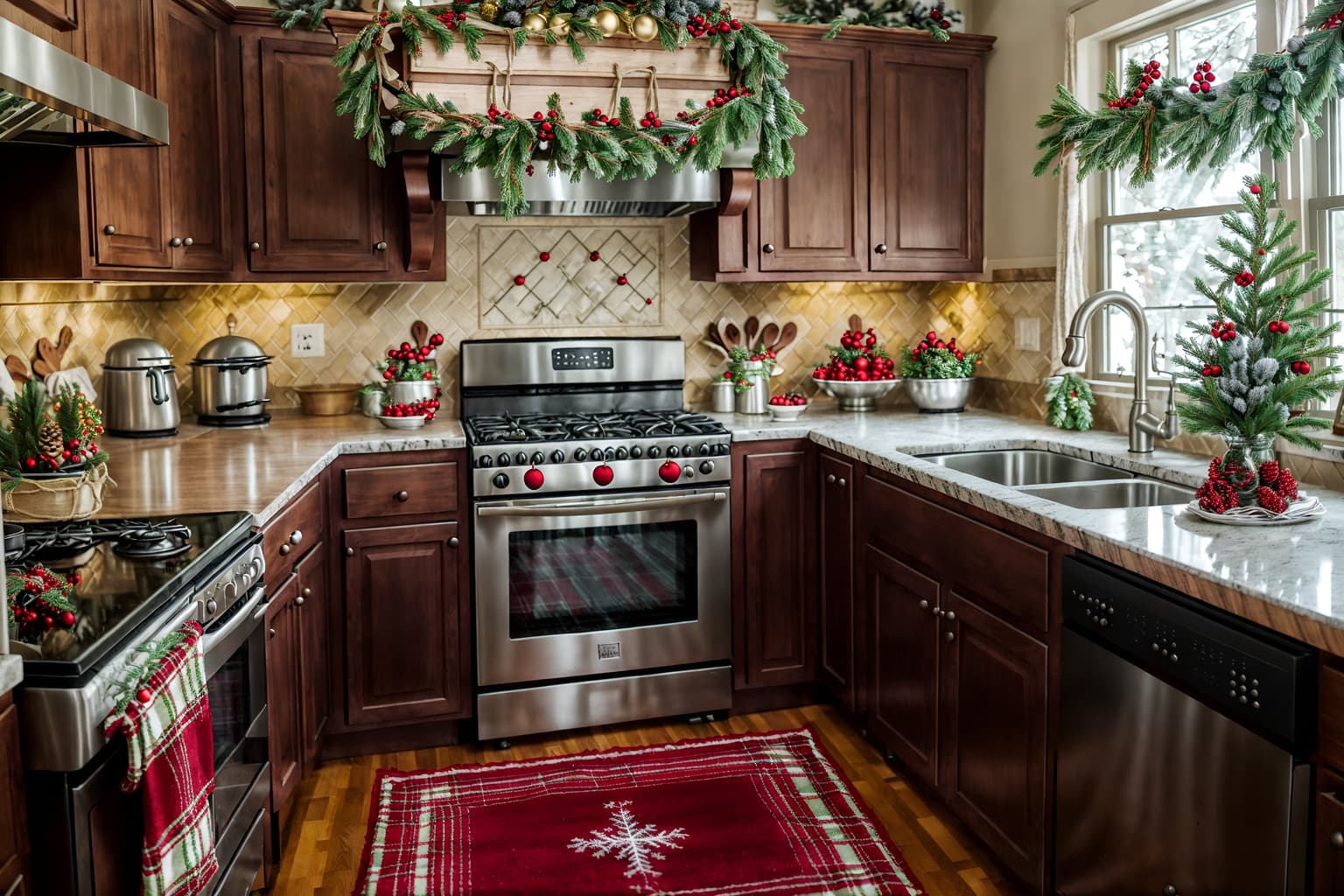 christmas-style (kitchen interior) with stove and kitchen cabinets and plant and worktops and sink and refrigerator and stove. . with snow outside and ribbons and plaid rugs and tie pinecones and berries and giftwrapped gifts and berries and greenery draped and a few big socks hanging and christmas ornaments. . cinematic photo, highly detailed, cinematic lighting, ultra-detailed, ultrarealistic, photorealism, 8k. christmas interior design style. masterpiece, cinematic light, ultrarealistic+, photorealistic+, 8k, raw photo, realistic, sharp focus on eyes, (symmetrical eyes), (intact eyes), hyperrealistic, highest quality, best quality, , highly detailed, masterpiece, best quality, extremely detailed 8k wallpaper, masterpiece, best quality, ultra-detailed, best shadow, detailed background, detailed face, detailed eyes, high contrast, best illumination, detailed face, dulux, caustic, dynamic angle, detailed glow. dramatic lighting. highly detailed, insanely detailed hair, symmetrical, intricate details, professionally retouched, 8k high definition. strong bokeh. award winning photo.