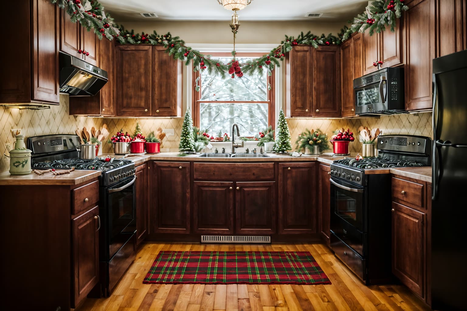 christmas-style (kitchen interior) with stove and kitchen cabinets and plant and worktops and sink and refrigerator and stove. . with snow outside and ribbons and plaid rugs and tie pinecones and berries and giftwrapped gifts and berries and greenery draped and a few big socks hanging and christmas ornaments. . cinematic photo, highly detailed, cinematic lighting, ultra-detailed, ultrarealistic, photorealism, 8k. christmas interior design style. masterpiece, cinematic light, ultrarealistic+, photorealistic+, 8k, raw photo, realistic, sharp focus on eyes, (symmetrical eyes), (intact eyes), hyperrealistic, highest quality, best quality, , highly detailed, masterpiece, best quality, extremely detailed 8k wallpaper, masterpiece, best quality, ultra-detailed, best shadow, detailed background, detailed face, detailed eyes, high contrast, best illumination, detailed face, dulux, caustic, dynamic angle, detailed glow. dramatic lighting. highly detailed, insanely detailed hair, symmetrical, intricate details, professionally retouched, 8k high definition. strong bokeh. award winning photo.
