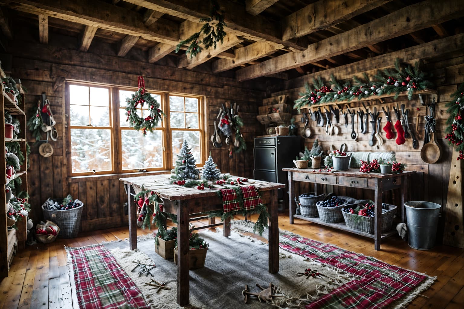 christmas-style (workshop interior) with tool wall and messy and wooden workbench and tool wall. . with snow outside and a few big socks hanging and berries and greenery draped and plaid rugs and christmas ornaments and tie pinecones and berries and ribbons and giftwrapped gifts. . cinematic photo, highly detailed, cinematic lighting, ultra-detailed, ultrarealistic, photorealism, 8k. christmas interior design style. masterpiece, cinematic light, ultrarealistic+, photorealistic+, 8k, raw photo, realistic, sharp focus on eyes, (symmetrical eyes), (intact eyes), hyperrealistic, highest quality, best quality, , highly detailed, masterpiece, best quality, extremely detailed 8k wallpaper, masterpiece, best quality, ultra-detailed, best shadow, detailed background, detailed face, detailed eyes, high contrast, best illumination, detailed face, dulux, caustic, dynamic angle, detailed glow. dramatic lighting. highly detailed, insanely detailed hair, symmetrical, intricate details, professionally retouched, 8k high definition. strong bokeh. award winning photo.