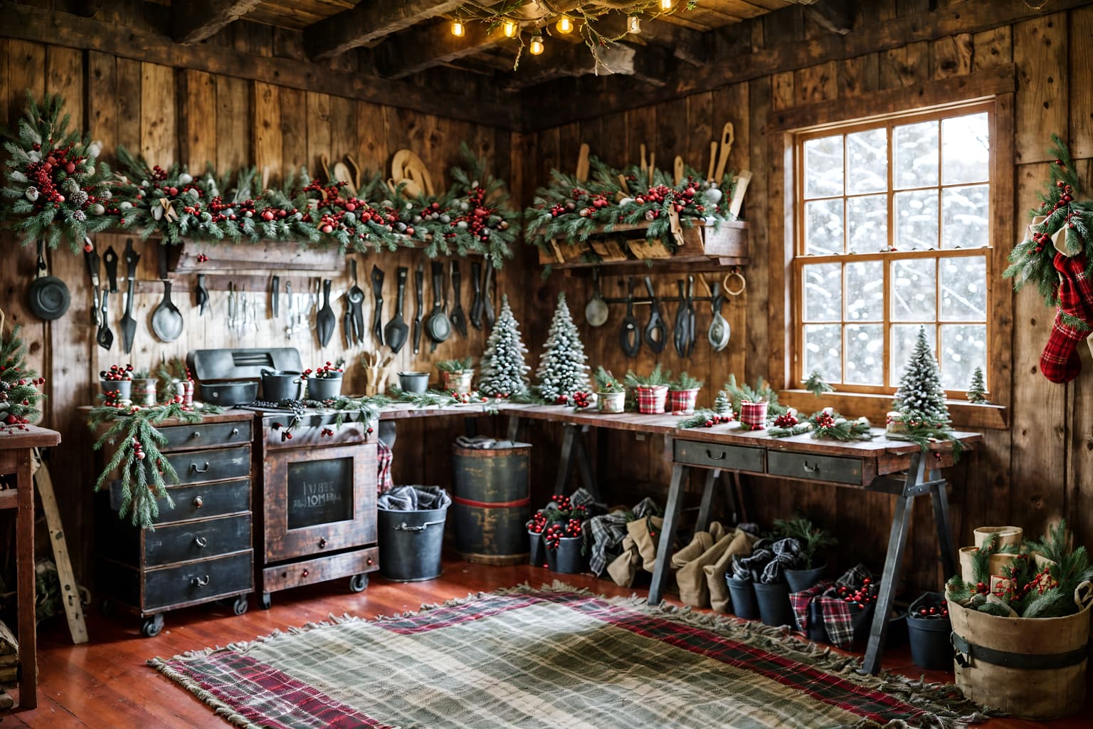 christmas-style (workshop interior) with tool wall and messy and wooden workbench and tool wall. . with snow outside and a few big socks hanging and berries and greenery draped and plaid rugs and christmas ornaments and tie pinecones and berries and ribbons and giftwrapped gifts. . cinematic photo, highly detailed, cinematic lighting, ultra-detailed, ultrarealistic, photorealism, 8k. christmas interior design style. masterpiece, cinematic light, ultrarealistic+, photorealistic+, 8k, raw photo, realistic, sharp focus on eyes, (symmetrical eyes), (intact eyes), hyperrealistic, highest quality, best quality, , highly detailed, masterpiece, best quality, extremely detailed 8k wallpaper, masterpiece, best quality, ultra-detailed, best shadow, detailed background, detailed face, detailed eyes, high contrast, best illumination, detailed face, dulux, caustic, dynamic angle, detailed glow. dramatic lighting. highly detailed, insanely detailed hair, symmetrical, intricate details, professionally retouched, 8k high definition. strong bokeh. award winning photo.