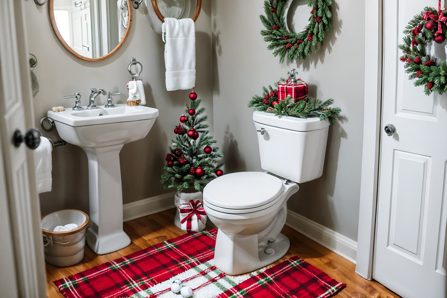 christmas-style (toilet interior) with sink with tap and toilet with toilet seat up and toilet paper hanger and sink with tap. . with plaid rugs and christmas ornaments and snow outside and a few big socks hanging and tie pinecones and berries and ribbons and giftwrapped gifts and berries and greenery draped. . cinematic photo, highly detailed, cinematic lighting, ultra-detailed, ultrarealistic, photorealism, 8k. christmas interior design style. masterpiece, cinematic light, ultrarealistic+, photorealistic+, 8k, raw photo, realistic, sharp focus on eyes, (symmetrical eyes), (intact eyes), hyperrealistic, highest quality, best quality, , highly detailed, masterpiece, best quality, extremely detailed 8k wallpaper, masterpiece, best quality, ultra-detailed, best shadow, detailed background, detailed face, detailed eyes, high contrast, best illumination, detailed face, dulux, caustic, dynamic angle, detailed glow. dramatic lighting. highly detailed, insanely detailed hair, symmetrical, intricate details, professionally retouched, 8k high definition. strong bokeh. award winning photo.