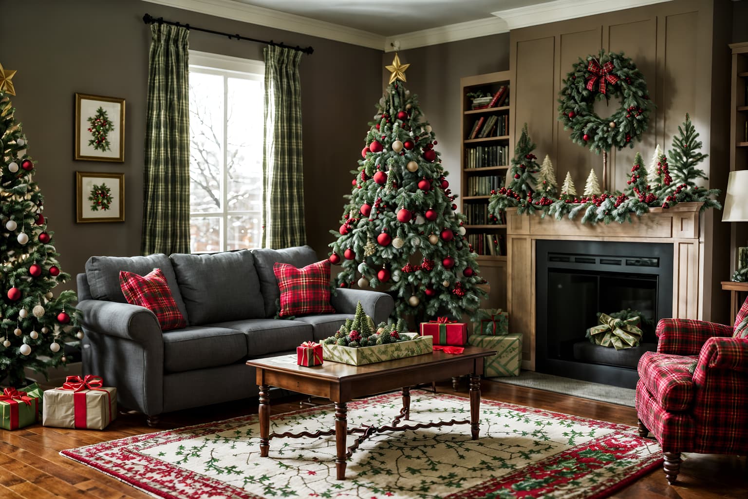 christmas-style (living room interior) with occasional tables and televisions and chairs and electric lamps and rug and sofa and furniture and bookshelves. . with a few big socks hanging and plaid rugs and christmas ornaments and snow outside and tie pinecones and berries and giftwrapped gifts and ribbons and berries and greenery draped. . cinematic photo, highly detailed, cinematic lighting, ultra-detailed, ultrarealistic, photorealism, 8k. christmas interior design style. masterpiece, cinematic light, ultrarealistic+, photorealistic+, 8k, raw photo, realistic, sharp focus on eyes, (symmetrical eyes), (intact eyes), hyperrealistic, highest quality, best quality, , highly detailed, masterpiece, best quality, extremely detailed 8k wallpaper, masterpiece, best quality, ultra-detailed, best shadow, detailed background, detailed face, detailed eyes, high contrast, best illumination, detailed face, dulux, caustic, dynamic angle, detailed glow. dramatic lighting. highly detailed, insanely detailed hair, symmetrical, intricate details, professionally retouched, 8k high definition. strong bokeh. award winning photo.