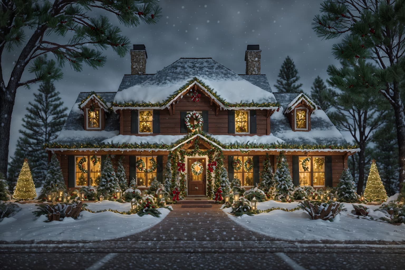 christmas-style exterior designed (house exterior exterior) . with a few big socks hanging and ribbons and berries and greenery draped and tie pinecones and berries and snow outside and giftwrapped gifts and plaid rugs and christmas ornaments. . cinematic photo, highly detailed, cinematic lighting, ultra-detailed, ultrarealistic, photorealism, 8k. christmas exterior design style. masterpiece, cinematic light, ultrarealistic+, photorealistic+, 8k, raw photo, realistic, sharp focus on eyes, (symmetrical eyes), (intact eyes), hyperrealistic, highest quality, best quality, , highly detailed, masterpiece, best quality, extremely detailed 8k wallpaper, masterpiece, best quality, ultra-detailed, best shadow, detailed background, detailed face, detailed eyes, high contrast, best illumination, detailed face, dulux, caustic, dynamic angle, detailed glow. dramatic lighting. highly detailed, insanely detailed hair, symmetrical, intricate details, professionally retouched, 8k high definition. strong bokeh. award winning photo.
