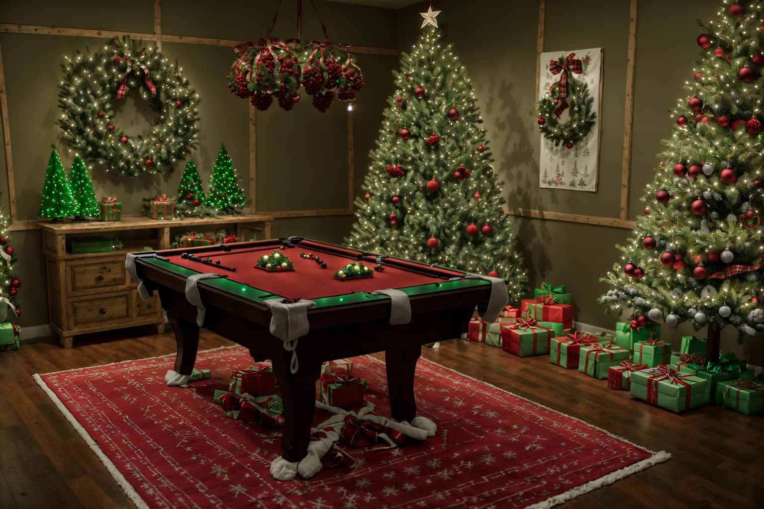 christmas-style (gaming room interior) . with snow outside and plaid rugs and giftwrapped gifts and ribbons and a few big socks hanging and tie pinecones and berries and berries and greenery draped and christmas ornaments. . cinematic photo, highly detailed, cinematic lighting, ultra-detailed, ultrarealistic, photorealism, 8k. christmas interior design style. masterpiece, cinematic light, ultrarealistic+, photorealistic+, 8k, raw photo, realistic, sharp focus on eyes, (symmetrical eyes), (intact eyes), hyperrealistic, highest quality, best quality, , highly detailed, masterpiece, best quality, extremely detailed 8k wallpaper, masterpiece, best quality, ultra-detailed, best shadow, detailed background, detailed face, detailed eyes, high contrast, best illumination, detailed face, dulux, caustic, dynamic angle, detailed glow. dramatic lighting. highly detailed, insanely detailed hair, symmetrical, intricate details, professionally retouched, 8k high definition. strong bokeh. award winning photo.