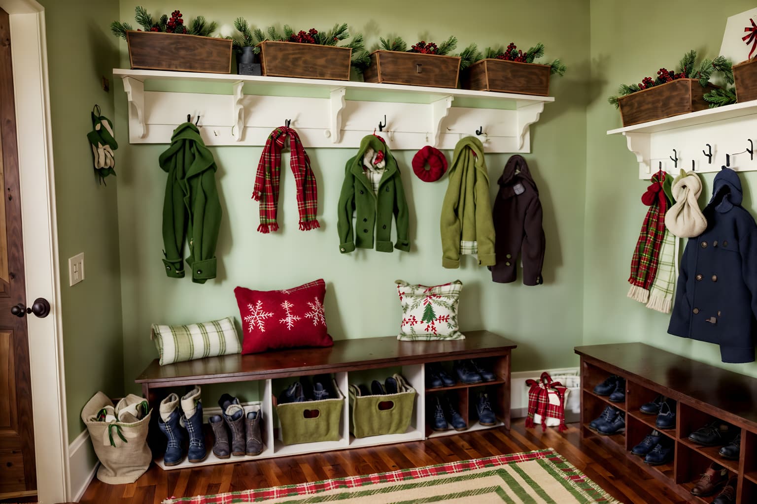 christmas-style (mudroom interior) with wall hooks for coats and cabinets and storage drawers and high up storage and shelves for shoes and cubbies and storage baskets and a bench. . with a few big socks hanging and plaid rugs and ribbons and berries and greenery draped and giftwrapped gifts and tie pinecones and berries and snow outside and christmas ornaments. . cinematic photo, highly detailed, cinematic lighting, ultra-detailed, ultrarealistic, photorealism, 8k. christmas interior design style. masterpiece, cinematic light, ultrarealistic+, photorealistic+, 8k, raw photo, realistic, sharp focus on eyes, (symmetrical eyes), (intact eyes), hyperrealistic, highest quality, best quality, , highly detailed, masterpiece, best quality, extremely detailed 8k wallpaper, masterpiece, best quality, ultra-detailed, best shadow, detailed background, detailed face, detailed eyes, high contrast, best illumination, detailed face, dulux, caustic, dynamic angle, detailed glow. dramatic lighting. highly detailed, insanely detailed hair, symmetrical, intricate details, professionally retouched, 8k high definition. strong bokeh. award winning photo.