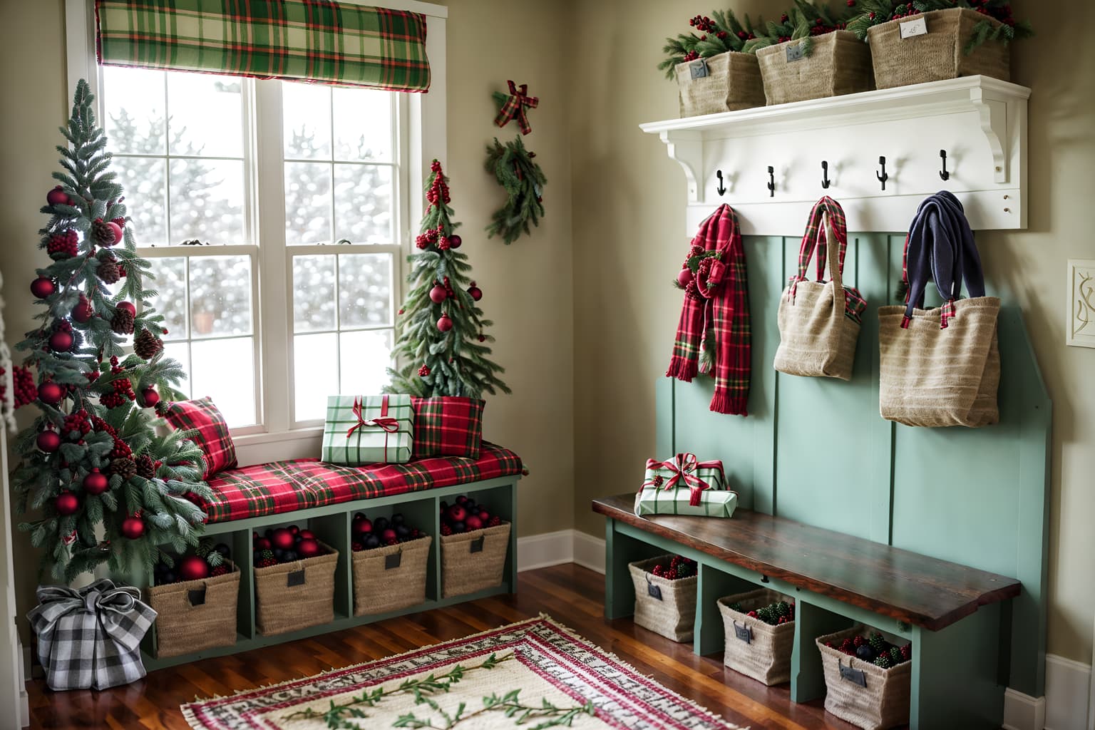 christmas-style (mudroom interior) with wall hooks for coats and cabinets and storage drawers and high up storage and shelves for shoes and cubbies and storage baskets and a bench. . with a few big socks hanging and plaid rugs and ribbons and berries and greenery draped and giftwrapped gifts and tie pinecones and berries and snow outside and christmas ornaments. . cinematic photo, highly detailed, cinematic lighting, ultra-detailed, ultrarealistic, photorealism, 8k. christmas interior design style. masterpiece, cinematic light, ultrarealistic+, photorealistic+, 8k, raw photo, realistic, sharp focus on eyes, (symmetrical eyes), (intact eyes), hyperrealistic, highest quality, best quality, , highly detailed, masterpiece, best quality, extremely detailed 8k wallpaper, masterpiece, best quality, ultra-detailed, best shadow, detailed background, detailed face, detailed eyes, high contrast, best illumination, detailed face, dulux, caustic, dynamic angle, detailed glow. dramatic lighting. highly detailed, insanely detailed hair, symmetrical, intricate details, professionally retouched, 8k high definition. strong bokeh. award winning photo.