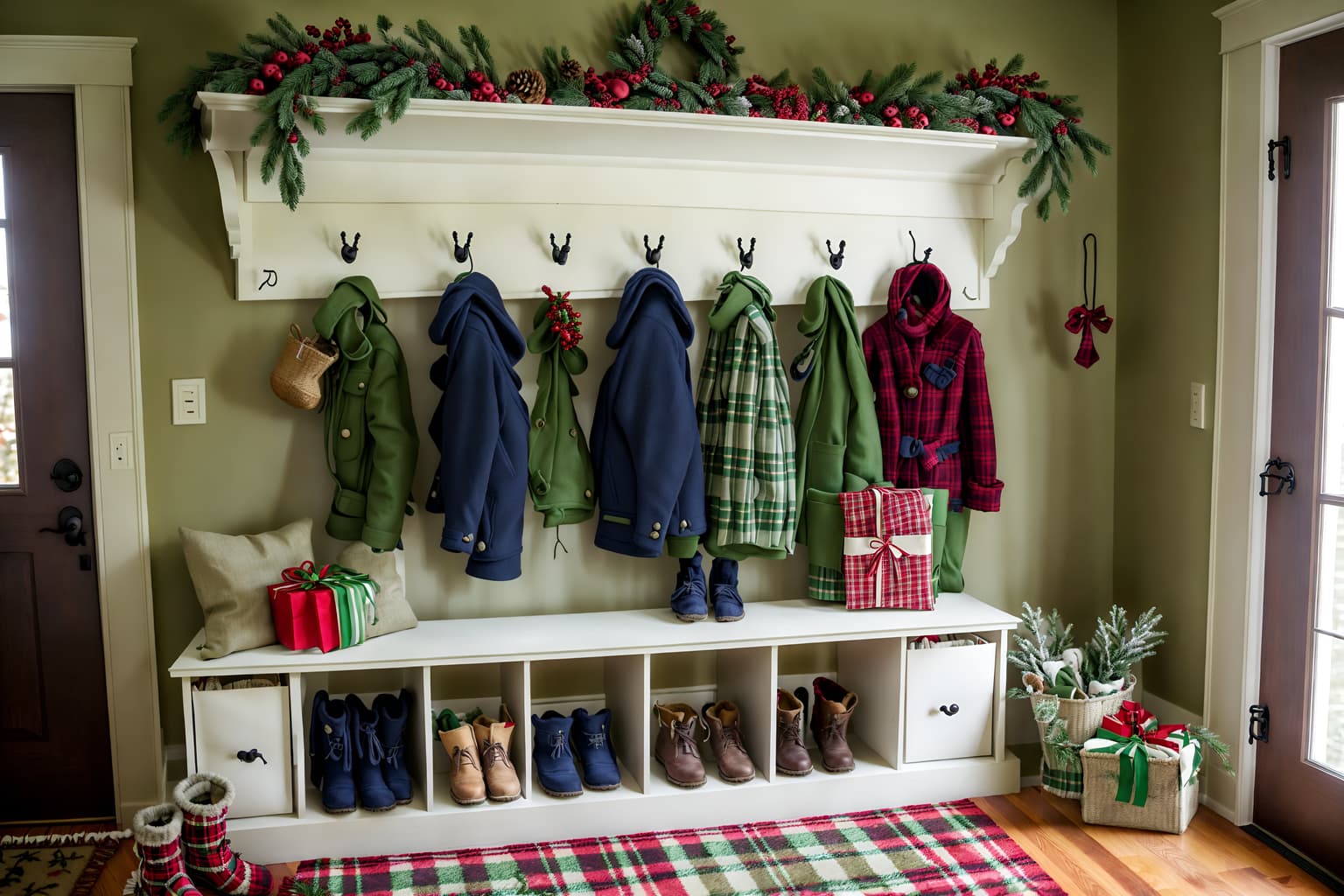 christmas-style (mudroom interior) with wall hooks for coats and cabinets and storage drawers and high up storage and shelves for shoes and cubbies and storage baskets and a bench. . with a few big socks hanging and plaid rugs and ribbons and berries and greenery draped and giftwrapped gifts and tie pinecones and berries and snow outside and christmas ornaments. . cinematic photo, highly detailed, cinematic lighting, ultra-detailed, ultrarealistic, photorealism, 8k. christmas interior design style. masterpiece, cinematic light, ultrarealistic+, photorealistic+, 8k, raw photo, realistic, sharp focus on eyes, (symmetrical eyes), (intact eyes), hyperrealistic, highest quality, best quality, , highly detailed, masterpiece, best quality, extremely detailed 8k wallpaper, masterpiece, best quality, ultra-detailed, best shadow, detailed background, detailed face, detailed eyes, high contrast, best illumination, detailed face, dulux, caustic, dynamic angle, detailed glow. dramatic lighting. highly detailed, insanely detailed hair, symmetrical, intricate details, professionally retouched, 8k high definition. strong bokeh. award winning photo.