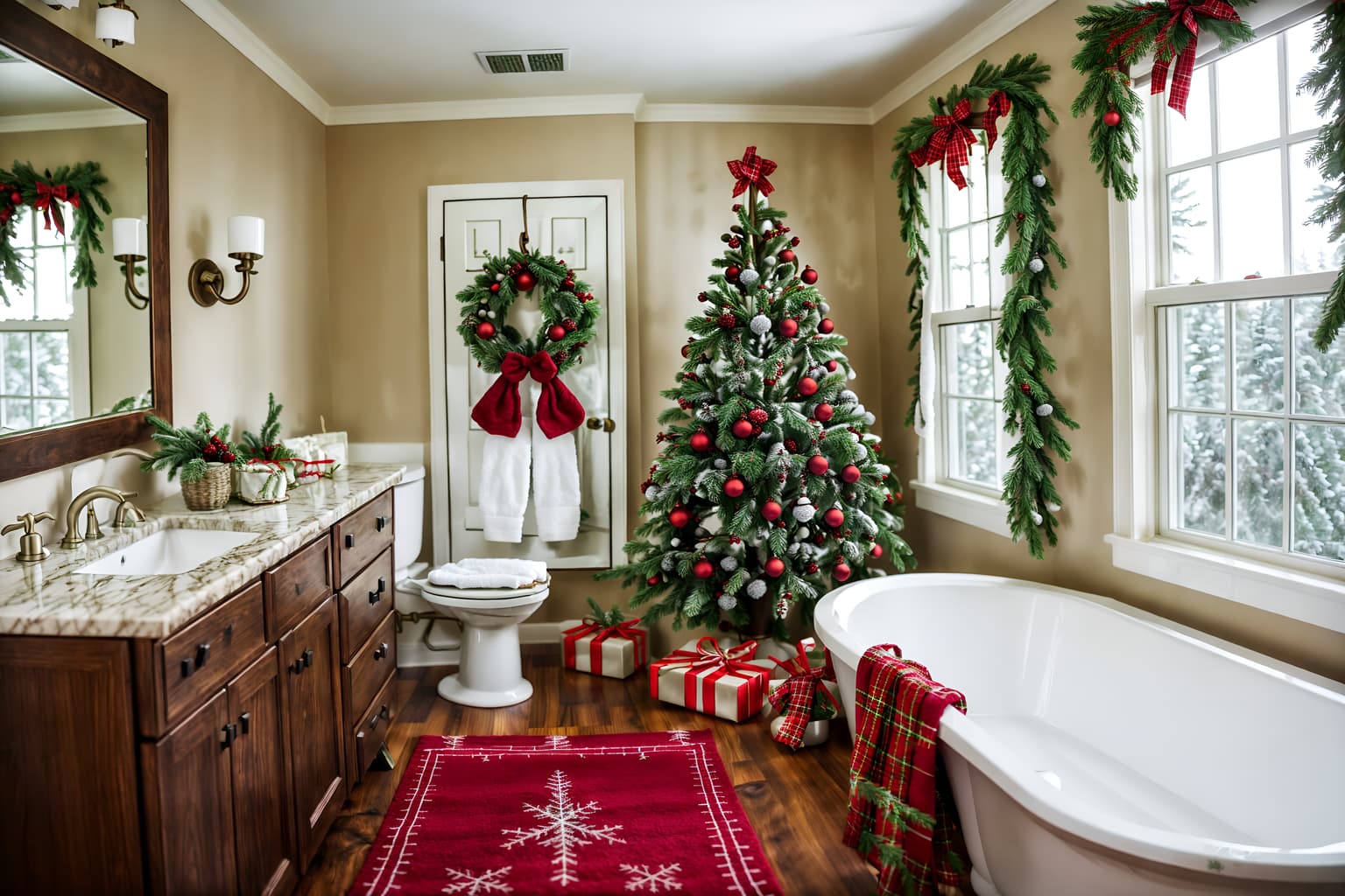 christmas-style (hotel bathroom interior) with bathroom cabinet and bathtub and plant and bathroom sink with faucet and shower and toilet seat and bath rail and mirror. . with christmas ornaments and a few big socks hanging and berries and greenery draped and giftwrapped gifts and plaid rugs and ribbons and snow outside and tie pinecones and berries. . cinematic photo, highly detailed, cinematic lighting, ultra-detailed, ultrarealistic, photorealism, 8k. christmas interior design style. masterpiece, cinematic light, ultrarealistic+, photorealistic+, 8k, raw photo, realistic, sharp focus on eyes, (symmetrical eyes), (intact eyes), hyperrealistic, highest quality, best quality, , highly detailed, masterpiece, best quality, extremely detailed 8k wallpaper, masterpiece, best quality, ultra-detailed, best shadow, detailed background, detailed face, detailed eyes, high contrast, best illumination, detailed face, dulux, caustic, dynamic angle, detailed glow. dramatic lighting. highly detailed, insanely detailed hair, symmetrical, intricate details, professionally retouched, 8k high definition. strong bokeh. award winning photo.