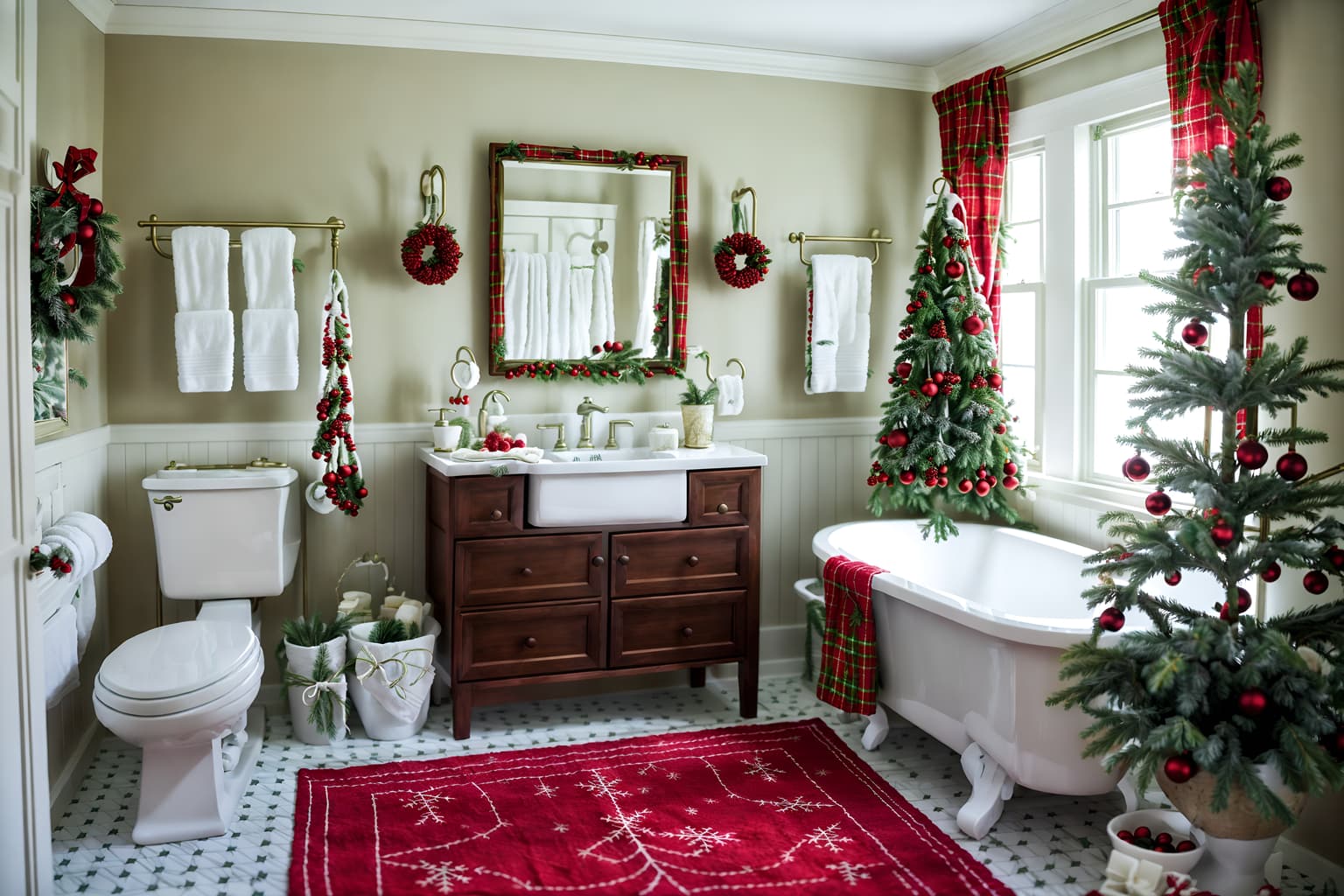 christmas-style (hotel bathroom interior) with bathroom cabinet and bathtub and plant and bathroom sink with faucet and shower and toilet seat and bath rail and mirror. . with christmas ornaments and a few big socks hanging and berries and greenery draped and giftwrapped gifts and plaid rugs and ribbons and snow outside and tie pinecones and berries. . cinematic photo, highly detailed, cinematic lighting, ultra-detailed, ultrarealistic, photorealism, 8k. christmas interior design style. masterpiece, cinematic light, ultrarealistic+, photorealistic+, 8k, raw photo, realistic, sharp focus on eyes, (symmetrical eyes), (intact eyes), hyperrealistic, highest quality, best quality, , highly detailed, masterpiece, best quality, extremely detailed 8k wallpaper, masterpiece, best quality, ultra-detailed, best shadow, detailed background, detailed face, detailed eyes, high contrast, best illumination, detailed face, dulux, caustic, dynamic angle, detailed glow. dramatic lighting. highly detailed, insanely detailed hair, symmetrical, intricate details, professionally retouched, 8k high definition. strong bokeh. award winning photo.