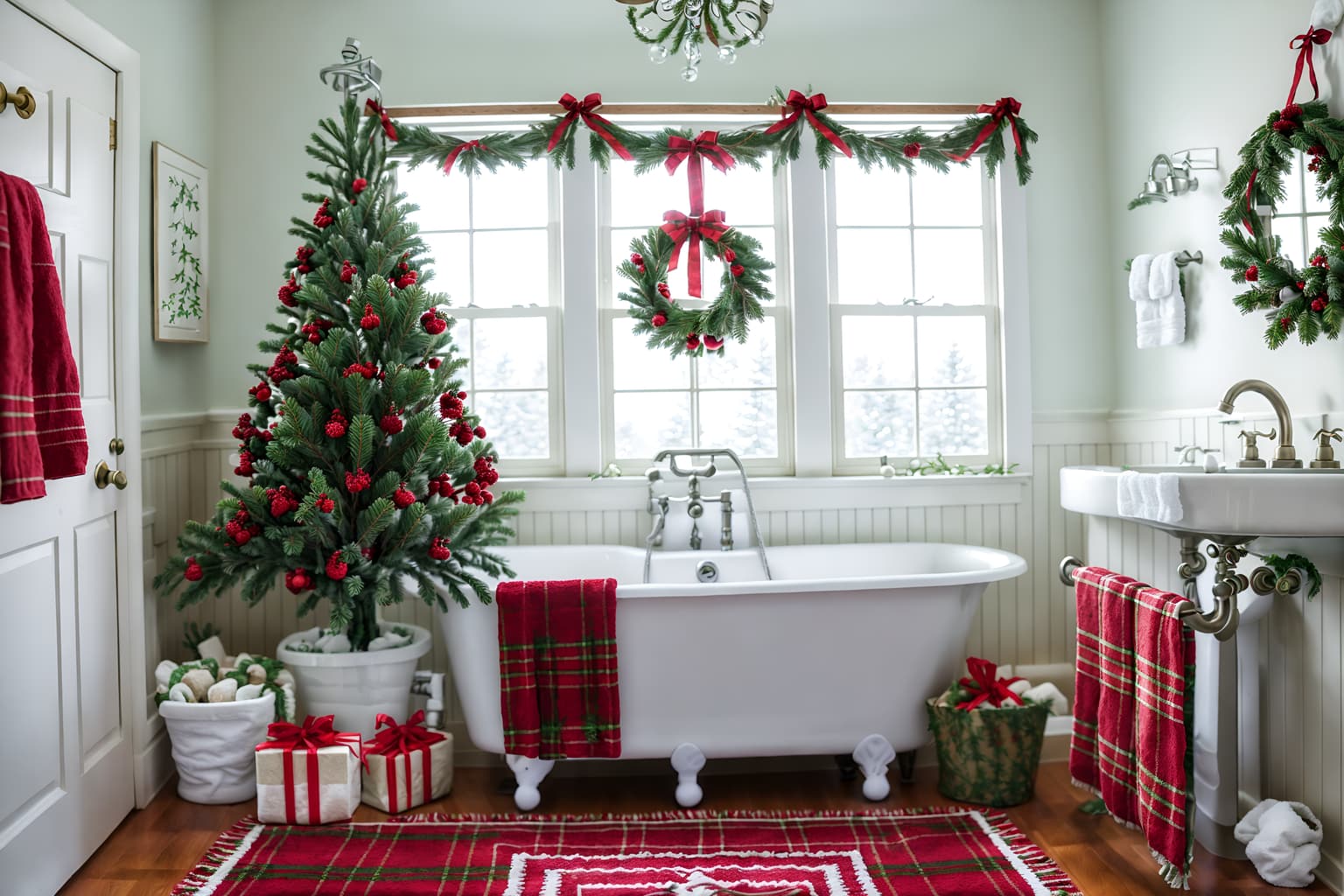 christmas-style (bathroom interior) with bathtub and bath towel and bathroom sink with faucet and plant and waste basket and mirror and shower and bath rail. . with christmas ornaments and ribbons and berries and greenery draped and plaid rugs and snow outside and giftwrapped gifts and a few big socks hanging and tie pinecones and berries. . cinematic photo, highly detailed, cinematic lighting, ultra-detailed, ultrarealistic, photorealism, 8k. christmas interior design style. masterpiece, cinematic light, ultrarealistic+, photorealistic+, 8k, raw photo, realistic, sharp focus on eyes, (symmetrical eyes), (intact eyes), hyperrealistic, highest quality, best quality, , highly detailed, masterpiece, best quality, extremely detailed 8k wallpaper, masterpiece, best quality, ultra-detailed, best shadow, detailed background, detailed face, detailed eyes, high contrast, best illumination, detailed face, dulux, caustic, dynamic angle, detailed glow. dramatic lighting. highly detailed, insanely detailed hair, symmetrical, intricate details, professionally retouched, 8k high definition. strong bokeh. award winning photo.