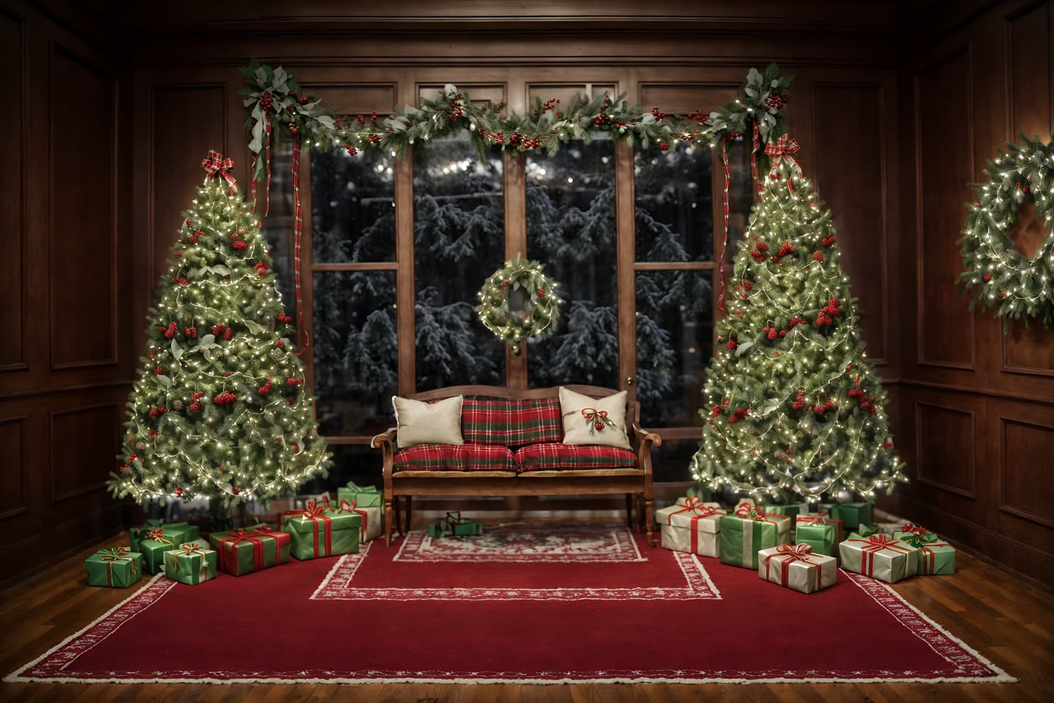 christmas-style (exhibition space interior) . with berries and greenery draped and a few big socks hanging and snow outside and ribbons and plaid rugs and tie pinecones and berries and christmas ornaments and giftwrapped gifts. . cinematic photo, highly detailed, cinematic lighting, ultra-detailed, ultrarealistic, photorealism, 8k. christmas interior design style. masterpiece, cinematic light, ultrarealistic+, photorealistic+, 8k, raw photo, realistic, sharp focus on eyes, (symmetrical eyes), (intact eyes), hyperrealistic, highest quality, best quality, , highly detailed, masterpiece, best quality, extremely detailed 8k wallpaper, masterpiece, best quality, ultra-detailed, best shadow, detailed background, detailed face, detailed eyes, high contrast, best illumination, detailed face, dulux, caustic, dynamic angle, detailed glow. dramatic lighting. highly detailed, insanely detailed hair, symmetrical, intricate details, professionally retouched, 8k high definition. strong bokeh. award winning photo.