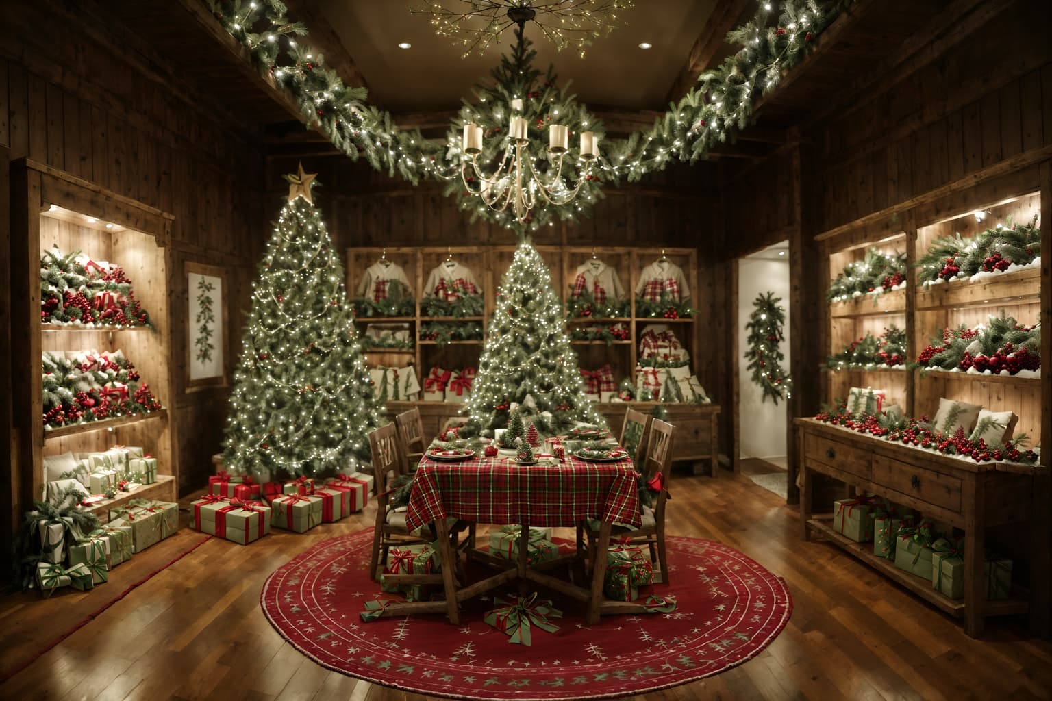 christmas-style (clothing store interior) . with giftwrapped gifts and christmas ornaments and plaid rugs and tie pinecones and berries and ribbons and berries and greenery draped and snow outside and a few big socks hanging. . cinematic photo, highly detailed, cinematic lighting, ultra-detailed, ultrarealistic, photorealism, 8k. christmas interior design style. masterpiece, cinematic light, ultrarealistic+, photorealistic+, 8k, raw photo, realistic, sharp focus on eyes, (symmetrical eyes), (intact eyes), hyperrealistic, highest quality, best quality, , highly detailed, masterpiece, best quality, extremely detailed 8k wallpaper, masterpiece, best quality, ultra-detailed, best shadow, detailed background, detailed face, detailed eyes, high contrast, best illumination, detailed face, dulux, caustic, dynamic angle, detailed glow. dramatic lighting. highly detailed, insanely detailed hair, symmetrical, intricate details, professionally retouched, 8k high definition. strong bokeh. award winning photo.