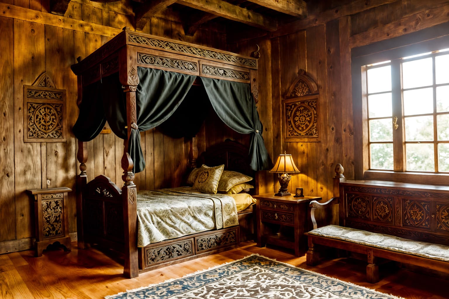 medieval-style (kids room interior) with storage bench or ottoman and dresser closet and bed and bedside table or night stand and headboard and plant and night light and mirror. . with castle interior and carved wooden tables and carved wooden benches and medieval shields on the wall and stone or wooden floor and stone walls and intricate wooden inlay designs and carvings and timber beams. . cinematic photo, highly detailed, cinematic lighting, ultra-detailed, ultrarealistic, photorealism, 8k. medieval interior design style. masterpiece, cinematic light, ultrarealistic+, photorealistic+, 8k, raw photo, realistic, sharp focus on eyes, (symmetrical eyes), (intact eyes), hyperrealistic, highest quality, best quality, , highly detailed, masterpiece, best quality, extremely detailed 8k wallpaper, masterpiece, best quality, ultra-detailed, best shadow, detailed background, detailed face, detailed eyes, high contrast, best illumination, detailed face, dulux, caustic, dynamic angle, detailed glow. dramatic lighting. highly detailed, insanely detailed hair, symmetrical, intricate details, professionally retouched, 8k high definition. strong bokeh. award winning photo.