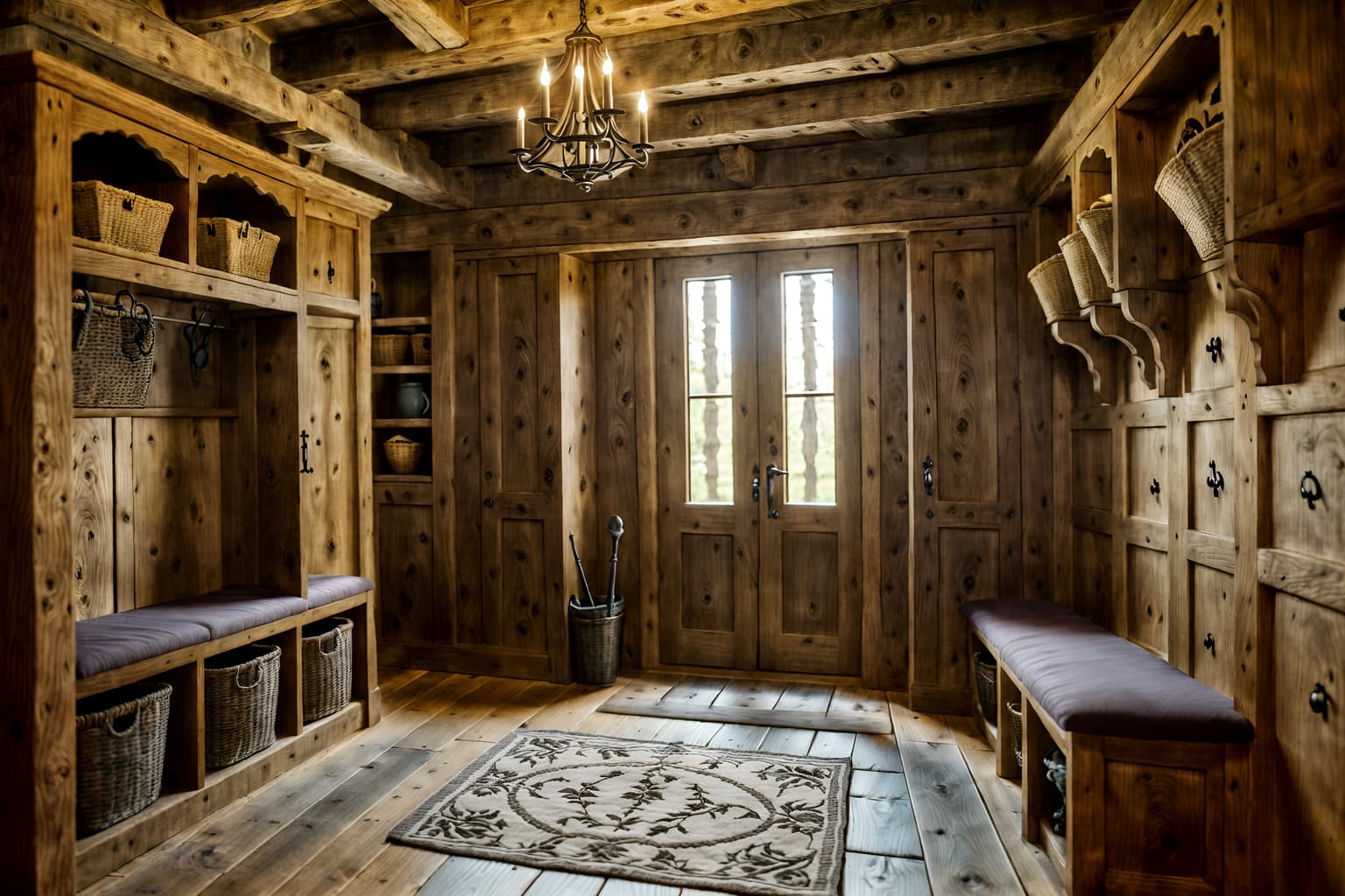 medieval-style (mudroom interior) with a bench and high up storage and storage baskets and cubbies and storage drawers and wall hooks for coats and cabinets and shelves for shoes. . with stone or wooden floor and castle interior and timber beams and gothic appearance and timber walls and upholstery on chairs and sofas and carved wooden tables and carved wooden chairs. . cinematic photo, highly detailed, cinematic lighting, ultra-detailed, ultrarealistic, photorealism, 8k. medieval interior design style. masterpiece, cinematic light, ultrarealistic+, photorealistic+, 8k, raw photo, realistic, sharp focus on eyes, (symmetrical eyes), (intact eyes), hyperrealistic, highest quality, best quality, , highly detailed, masterpiece, best quality, extremely detailed 8k wallpaper, masterpiece, best quality, ultra-detailed, best shadow, detailed background, detailed face, detailed eyes, high contrast, best illumination, detailed face, dulux, caustic, dynamic angle, detailed glow. dramatic lighting. highly detailed, insanely detailed hair, symmetrical, intricate details, professionally retouched, 8k high definition. strong bokeh. award winning photo.