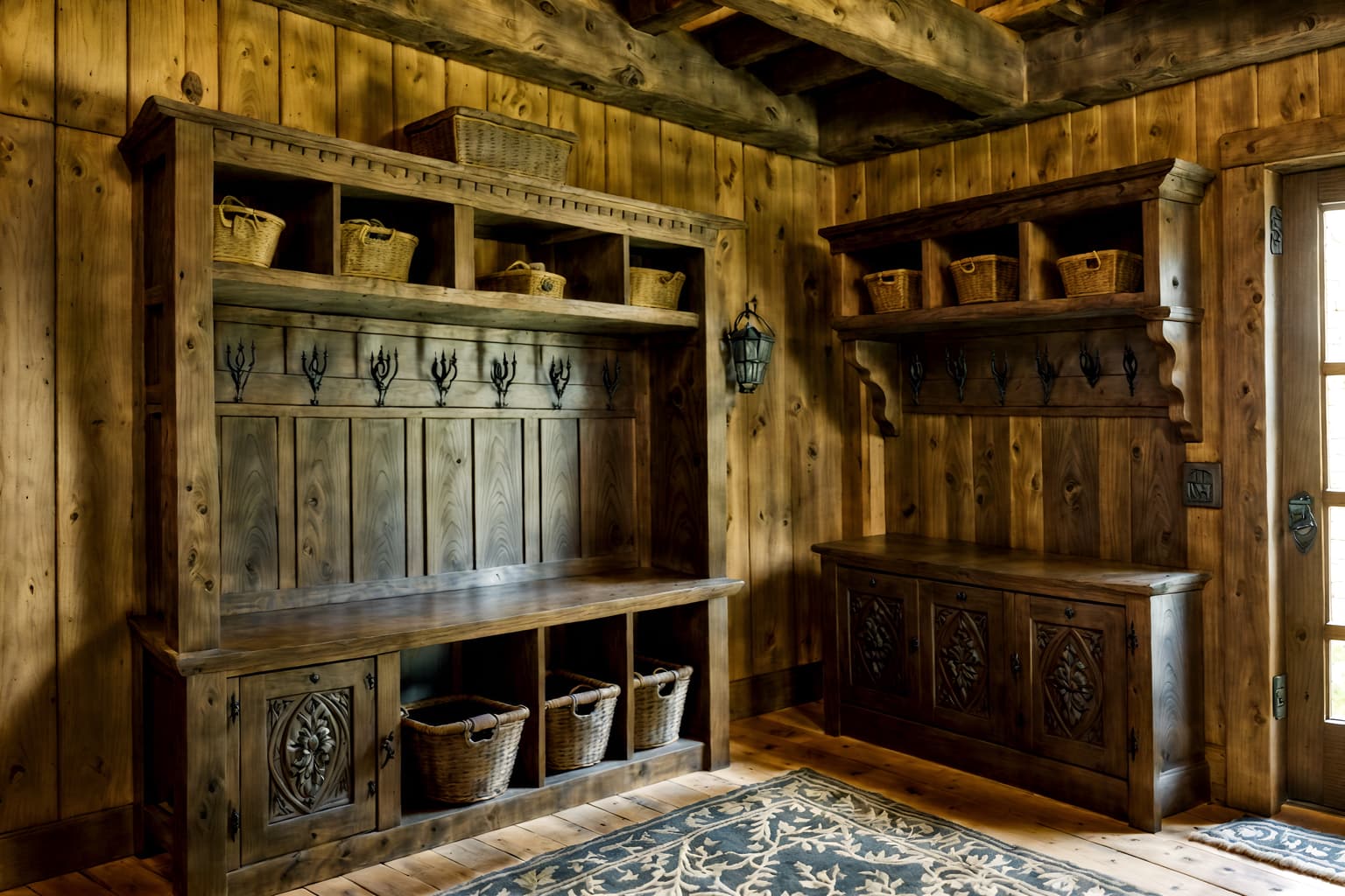 medieval-style (mudroom interior) with a bench and high up storage and storage baskets and cubbies and storage drawers and wall hooks for coats and cabinets and shelves for shoes. . with stone or wooden floor and castle interior and timber beams and gothic appearance and timber walls and upholstery on chairs and sofas and carved wooden tables and carved wooden chairs. . cinematic photo, highly detailed, cinematic lighting, ultra-detailed, ultrarealistic, photorealism, 8k. medieval interior design style. masterpiece, cinematic light, ultrarealistic+, photorealistic+, 8k, raw photo, realistic, sharp focus on eyes, (symmetrical eyes), (intact eyes), hyperrealistic, highest quality, best quality, , highly detailed, masterpiece, best quality, extremely detailed 8k wallpaper, masterpiece, best quality, ultra-detailed, best shadow, detailed background, detailed face, detailed eyes, high contrast, best illumination, detailed face, dulux, caustic, dynamic angle, detailed glow. dramatic lighting. highly detailed, insanely detailed hair, symmetrical, intricate details, professionally retouched, 8k high definition. strong bokeh. award winning photo.