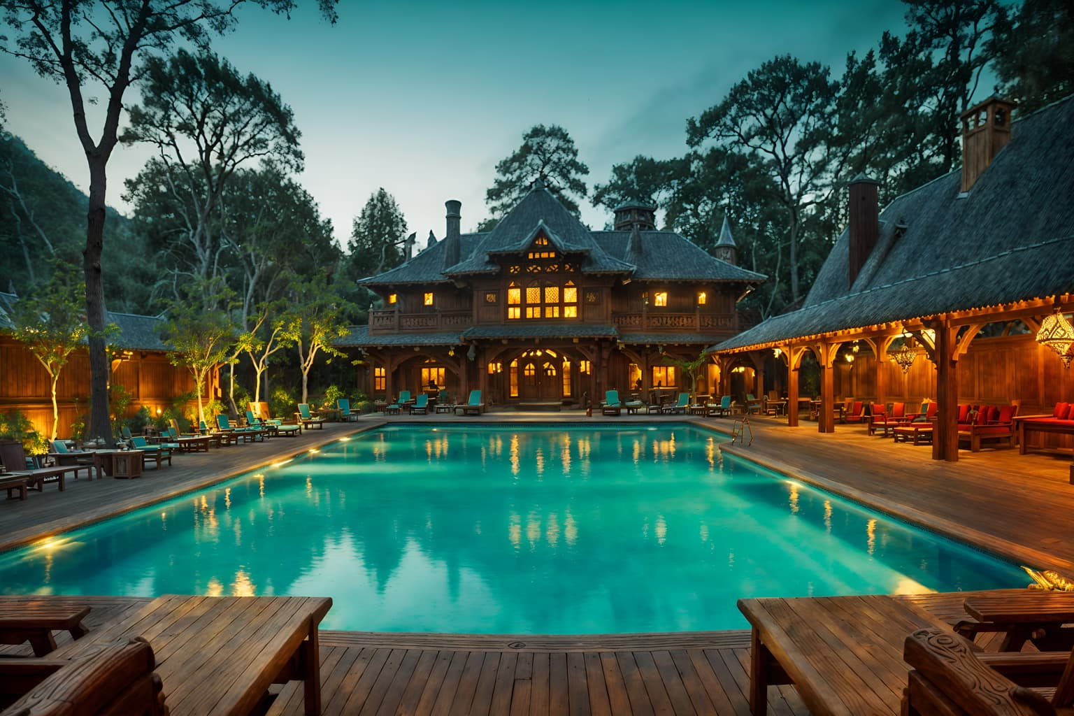 medieval-style designed (outdoor pool area ) with pool lounge chairs and pool lights and pool and pool lounge chairs. . with carved wooden benches and intricate wooden inlay designs and carvings and castle and deep colors like red, gold, or blue and timber beams and carved wooden tables and castle and carved wooden chairs. . cinematic photo, highly detailed, cinematic lighting, ultra-detailed, ultrarealistic, photorealism, 8k. medieval design style. masterpiece, cinematic light, ultrarealistic+, photorealistic+, 8k, raw photo, realistic, sharp focus on eyes, (symmetrical eyes), (intact eyes), hyperrealistic, highest quality, best quality, , highly detailed, masterpiece, best quality, extremely detailed 8k wallpaper, masterpiece, best quality, ultra-detailed, best shadow, detailed background, detailed face, detailed eyes, high contrast, best illumination, detailed face, dulux, caustic, dynamic angle, detailed glow. dramatic lighting. highly detailed, insanely detailed hair, symmetrical, intricate details, professionally retouched, 8k high definition. strong bokeh. award winning photo.