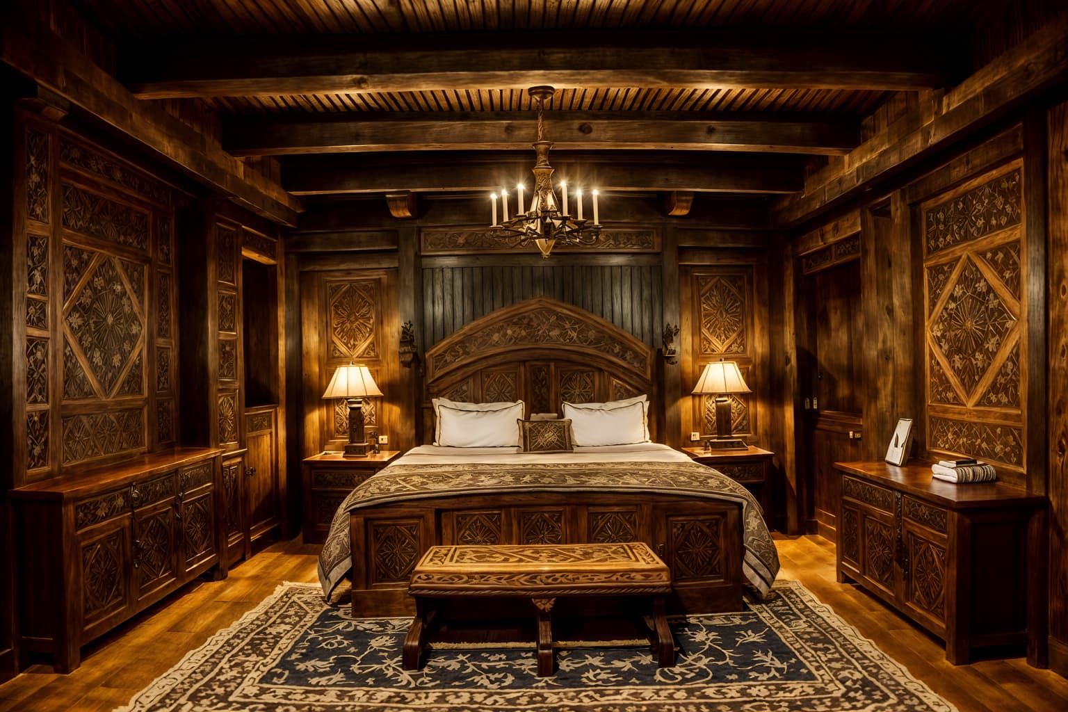 medieval-style (hotel room interior) with accent chair and hotel bathroom and storage bench or ottoman and working desk with desk chair and plant and dresser closet and night light and headboard. . with castle interior and castle interior and intricate wooden inlay designs and carvings and heavy furniture pieces and carved wooden benches and medieval shields on the wall and timber walls and timber beams. . cinematic photo, highly detailed, cinematic lighting, ultra-detailed, ultrarealistic, photorealism, 8k. medieval interior design style. masterpiece, cinematic light, ultrarealistic+, photorealistic+, 8k, raw photo, realistic, sharp focus on eyes, (symmetrical eyes), (intact eyes), hyperrealistic, highest quality, best quality, , highly detailed, masterpiece, best quality, extremely detailed 8k wallpaper, masterpiece, best quality, ultra-detailed, best shadow, detailed background, detailed face, detailed eyes, high contrast, best illumination, detailed face, dulux, caustic, dynamic angle, detailed glow. dramatic lighting. highly detailed, insanely detailed hair, symmetrical, intricate details, professionally retouched, 8k high definition. strong bokeh. award winning photo.