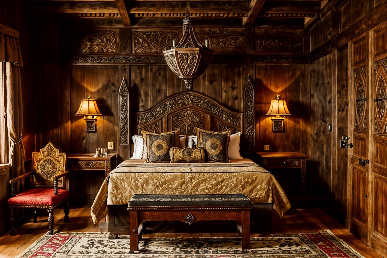 medieval-style (hotel room interior) with accent chair and hotel bathroom and storage bench or ottoman and working desk with desk chair and plant and dresser closet and night light and headboard. . with castle interior and castle interior and intricate wooden inlay designs and carvings and heavy furniture pieces and carved wooden benches and medieval shields on the wall and timber walls and timber beams. . cinematic photo, highly detailed, cinematic lighting, ultra-detailed, ultrarealistic, photorealism, 8k. medieval interior design style. masterpiece, cinematic light, ultrarealistic+, photorealistic+, 8k, raw photo, realistic, sharp focus on eyes, (symmetrical eyes), (intact eyes), hyperrealistic, highest quality, best quality, , highly detailed, masterpiece, best quality, extremely detailed 8k wallpaper, masterpiece, best quality, ultra-detailed, best shadow, detailed background, detailed face, detailed eyes, high contrast, best illumination, detailed face, dulux, caustic, dynamic angle, detailed glow. dramatic lighting. highly detailed, insanely detailed hair, symmetrical, intricate details, professionally retouched, 8k high definition. strong bokeh. award winning photo.