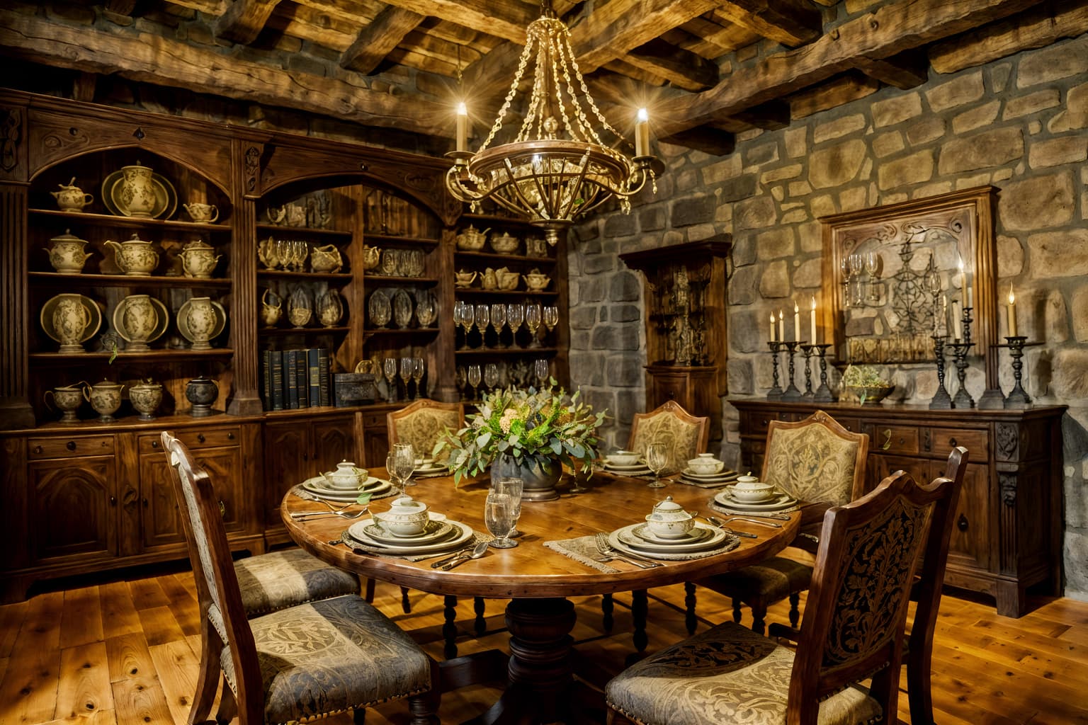 medieval-style (dining room interior) with plates, cutlery and glasses on dining table and bookshelves and plant and vase and dining table chairs and dining table and painting or photo on wall and light or chandelier. . with stone or wooden floor and castle interior and timber walls and carved wooden chairs and upholstery on chairs and sofas and castle interior and medieval shields on the wall and stone walls. . cinematic photo, highly detailed, cinematic lighting, ultra-detailed, ultrarealistic, photorealism, 8k. medieval interior design style. masterpiece, cinematic light, ultrarealistic+, photorealistic+, 8k, raw photo, realistic, sharp focus on eyes, (symmetrical eyes), (intact eyes), hyperrealistic, highest quality, best quality, , highly detailed, masterpiece, best quality, extremely detailed 8k wallpaper, masterpiece, best quality, ultra-detailed, best shadow, detailed background, detailed face, detailed eyes, high contrast, best illumination, detailed face, dulux, caustic, dynamic angle, detailed glow. dramatic lighting. highly detailed, insanely detailed hair, symmetrical, intricate details, professionally retouched, 8k high definition. strong bokeh. award winning photo.