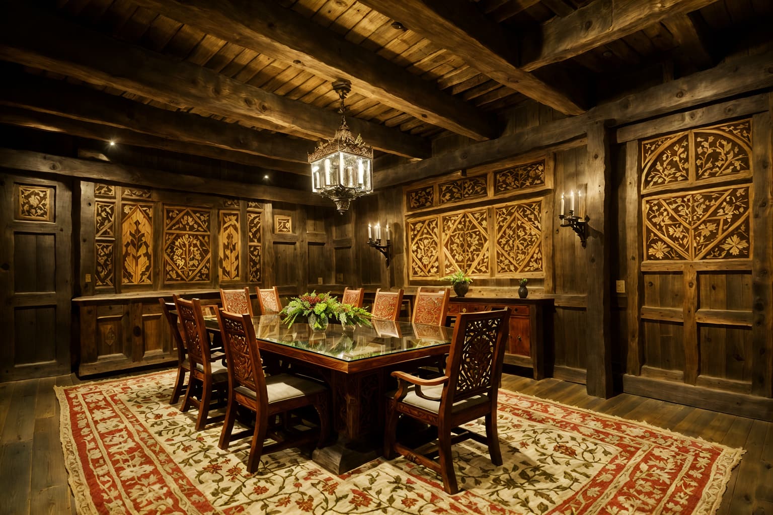 medieval-style (meeting room interior) with painting or photo on wall and boardroom table and glass walls and vase and cabinets and glass doors and office chairs and plant. . with carved wooden chairs and timber beams and carved wooden benches and stone walls and intricate wooden inlay designs and carvings and timber walls and heavy furniture pieces and medieval shields on the wall. . cinematic photo, highly detailed, cinematic lighting, ultra-detailed, ultrarealistic, photorealism, 8k. medieval interior design style. masterpiece, cinematic light, ultrarealistic+, photorealistic+, 8k, raw photo, realistic, sharp focus on eyes, (symmetrical eyes), (intact eyes), hyperrealistic, highest quality, best quality, , highly detailed, masterpiece, best quality, extremely detailed 8k wallpaper, masterpiece, best quality, ultra-detailed, best shadow, detailed background, detailed face, detailed eyes, high contrast, best illumination, detailed face, dulux, caustic, dynamic angle, detailed glow. dramatic lighting. highly detailed, insanely detailed hair, symmetrical, intricate details, professionally retouched, 8k high definition. strong bokeh. award winning photo.