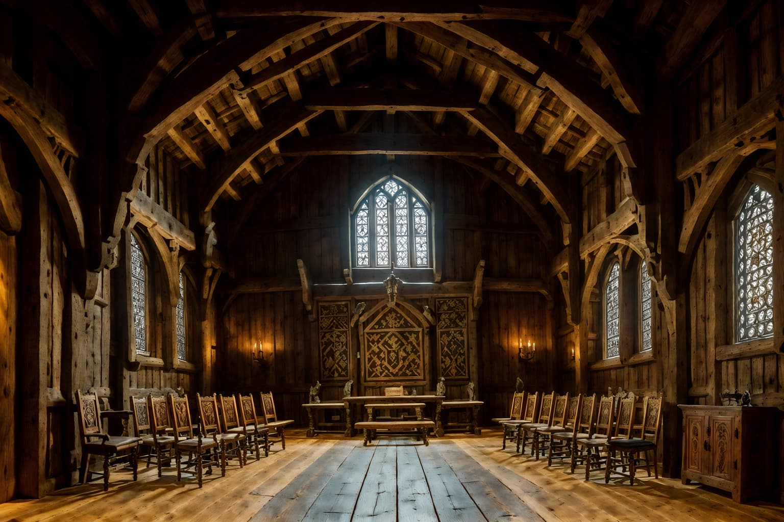 medieval-style (exhibition space interior) . with carved wooden chairs and medieval shields on the wall and heavy furniture pieces and timber beams and castle interior and stone or wooden floor and gothic appearance and carved wooden benches. . cinematic photo, highly detailed, cinematic lighting, ultra-detailed, ultrarealistic, photorealism, 8k. medieval interior design style. masterpiece, cinematic light, ultrarealistic+, photorealistic+, 8k, raw photo, realistic, sharp focus on eyes, (symmetrical eyes), (intact eyes), hyperrealistic, highest quality, best quality, , highly detailed, masterpiece, best quality, extremely detailed 8k wallpaper, masterpiece, best quality, ultra-detailed, best shadow, detailed background, detailed face, detailed eyes, high contrast, best illumination, detailed face, dulux, caustic, dynamic angle, detailed glow. dramatic lighting. highly detailed, insanely detailed hair, symmetrical, intricate details, professionally retouched, 8k high definition. strong bokeh. award winning photo.