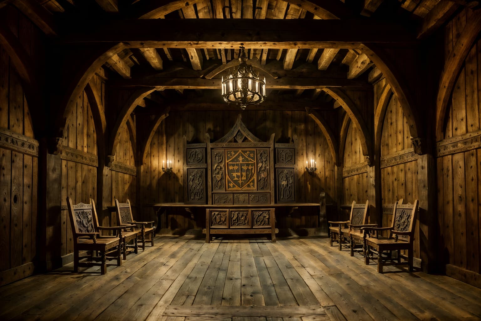 medieval-style (exhibition space interior) . with carved wooden chairs and medieval shields on the wall and heavy furniture pieces and timber beams and castle interior and stone or wooden floor and gothic appearance and carved wooden benches. . cinematic photo, highly detailed, cinematic lighting, ultra-detailed, ultrarealistic, photorealism, 8k. medieval interior design style. masterpiece, cinematic light, ultrarealistic+, photorealistic+, 8k, raw photo, realistic, sharp focus on eyes, (symmetrical eyes), (intact eyes), hyperrealistic, highest quality, best quality, , highly detailed, masterpiece, best quality, extremely detailed 8k wallpaper, masterpiece, best quality, ultra-detailed, best shadow, detailed background, detailed face, detailed eyes, high contrast, best illumination, detailed face, dulux, caustic, dynamic angle, detailed glow. dramatic lighting. highly detailed, insanely detailed hair, symmetrical, intricate details, professionally retouched, 8k high definition. strong bokeh. award winning photo.