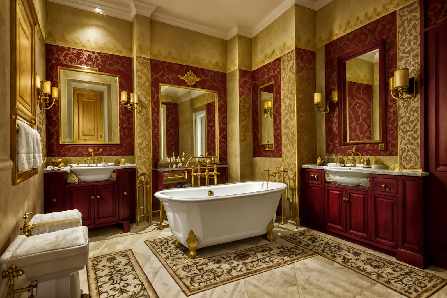 medieval-style (hotel bathroom interior) with bath towel and bathroom cabinet and toilet seat and bathroom sink with faucet and plant and bath rail and mirror and waste basket. . with deep colors like red, gold, or blue and stone walls and velvet, chenille, damask, and brocade draperies and fabrics and gothic appearance and upholstery on chairs and sofas and timber walls and stone or wooden floor and heavy furniture pieces. . cinematic photo, highly detailed, cinematic lighting, ultra-detailed, ultrarealistic, photorealism, 8k. medieval interior design style. masterpiece, cinematic light, ultrarealistic+, photorealistic+, 8k, raw photo, realistic, sharp focus on eyes, (symmetrical eyes), (intact eyes), hyperrealistic, highest quality, best quality, , highly detailed, masterpiece, best quality, extremely detailed 8k wallpaper, masterpiece, best quality, ultra-detailed, best shadow, detailed background, detailed face, detailed eyes, high contrast, best illumination, detailed face, dulux, caustic, dynamic angle, detailed glow. dramatic lighting. highly detailed, insanely detailed hair, symmetrical, intricate details, professionally retouched, 8k high definition. strong bokeh. award winning photo.