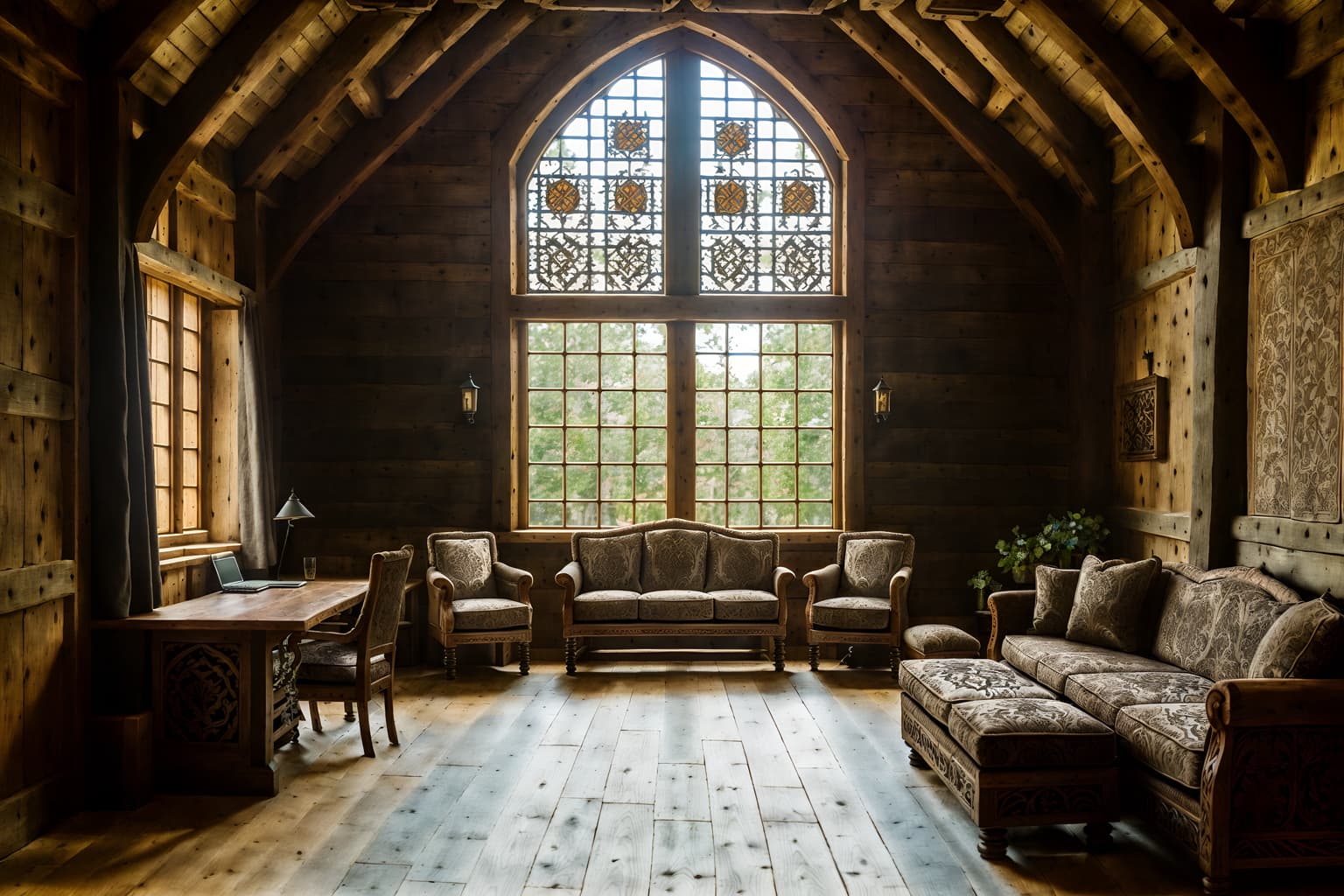 medieval-style (coworking space interior) with office desks and seating area with sofa and lounge chairs and office chairs and office desks. . with timber beams and castle interior and stone or wooden floor and upholstery on chairs and sofas and carved wooden tables and stone walls and carved wooden benches and velvet, chenille, damask, and brocade draperies and fabrics. . cinematic photo, highly detailed, cinematic lighting, ultra-detailed, ultrarealistic, photorealism, 8k. medieval interior design style. masterpiece, cinematic light, ultrarealistic+, photorealistic+, 8k, raw photo, realistic, sharp focus on eyes, (symmetrical eyes), (intact eyes), hyperrealistic, highest quality, best quality, , highly detailed, masterpiece, best quality, extremely detailed 8k wallpaper, masterpiece, best quality, ultra-detailed, best shadow, detailed background, detailed face, detailed eyes, high contrast, best illumination, detailed face, dulux, caustic, dynamic angle, detailed glow. dramatic lighting. highly detailed, insanely detailed hair, symmetrical, intricate details, professionally retouched, 8k high definition. strong bokeh. award winning photo.