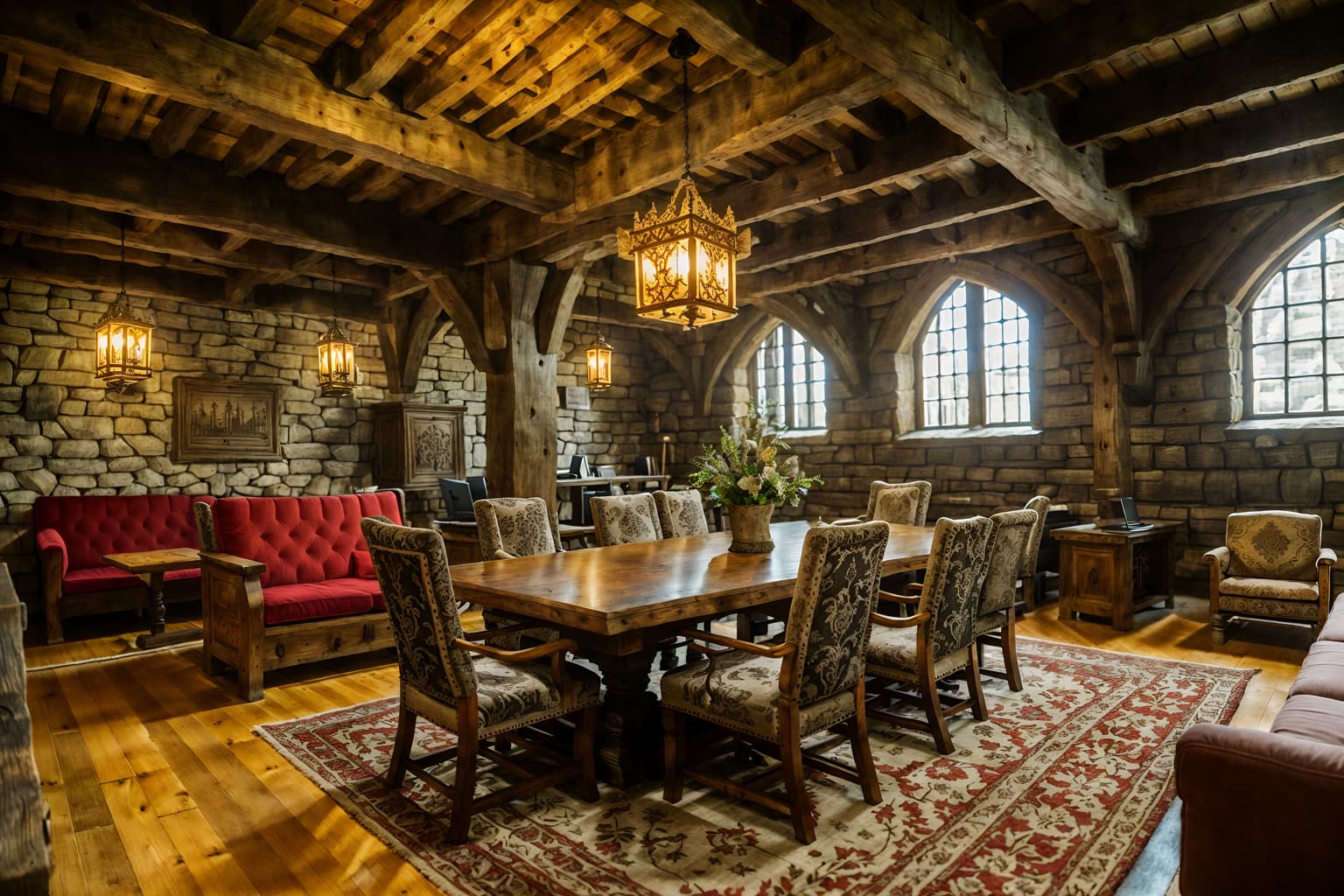 medieval-style (coworking space interior) with office desks and seating area with sofa and lounge chairs and office chairs and office desks. . with timber beams and castle interior and stone or wooden floor and upholstery on chairs and sofas and carved wooden tables and stone walls and carved wooden benches and velvet, chenille, damask, and brocade draperies and fabrics. . cinematic photo, highly detailed, cinematic lighting, ultra-detailed, ultrarealistic, photorealism, 8k. medieval interior design style. masterpiece, cinematic light, ultrarealistic+, photorealistic+, 8k, raw photo, realistic, sharp focus on eyes, (symmetrical eyes), (intact eyes), hyperrealistic, highest quality, best quality, , highly detailed, masterpiece, best quality, extremely detailed 8k wallpaper, masterpiece, best quality, ultra-detailed, best shadow, detailed background, detailed face, detailed eyes, high contrast, best illumination, detailed face, dulux, caustic, dynamic angle, detailed glow. dramatic lighting. highly detailed, insanely detailed hair, symmetrical, intricate details, professionally retouched, 8k high definition. strong bokeh. award winning photo.