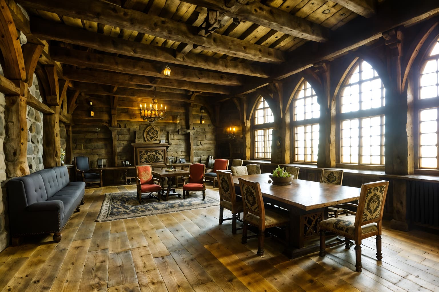 medieval-style (coworking space interior) with office desks and seating area with sofa and lounge chairs and office chairs and office desks. . with timber beams and castle interior and stone or wooden floor and upholstery on chairs and sofas and carved wooden tables and stone walls and carved wooden benches and velvet, chenille, damask, and brocade draperies and fabrics. . cinematic photo, highly detailed, cinematic lighting, ultra-detailed, ultrarealistic, photorealism, 8k. medieval interior design style. masterpiece, cinematic light, ultrarealistic+, photorealistic+, 8k, raw photo, realistic, sharp focus on eyes, (symmetrical eyes), (intact eyes), hyperrealistic, highest quality, best quality, , highly detailed, masterpiece, best quality, extremely detailed 8k wallpaper, masterpiece, best quality, ultra-detailed, best shadow, detailed background, detailed face, detailed eyes, high contrast, best illumination, detailed face, dulux, caustic, dynamic angle, detailed glow. dramatic lighting. highly detailed, insanely detailed hair, symmetrical, intricate details, professionally retouched, 8k high definition. strong bokeh. award winning photo.