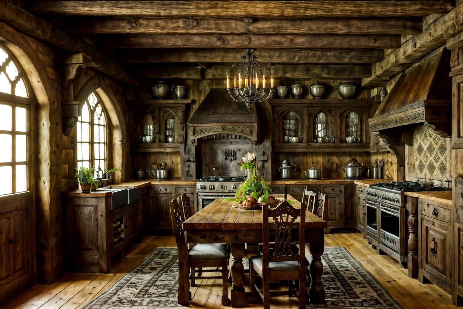 medieval-style (kitchen living combo interior) with furniture and plant and kitchen cabinets and worktops and rug and chairs and stove and refrigerator. . with timber walls and gothic appearance and carved wooden tables and castle interior and medieval shields on the wall and upholstery on chairs and sofas and timber beams and castle interior. . cinematic photo, highly detailed, cinematic lighting, ultra-detailed, ultrarealistic, photorealism, 8k. medieval interior design style. masterpiece, cinematic light, ultrarealistic+, photorealistic+, 8k, raw photo, realistic, sharp focus on eyes, (symmetrical eyes), (intact eyes), hyperrealistic, highest quality, best quality, , highly detailed, masterpiece, best quality, extremely detailed 8k wallpaper, masterpiece, best quality, ultra-detailed, best shadow, detailed background, detailed face, detailed eyes, high contrast, best illumination, detailed face, dulux, caustic, dynamic angle, detailed glow. dramatic lighting. highly detailed, insanely detailed hair, symmetrical, intricate details, professionally retouched, 8k high definition. strong bokeh. award winning photo.