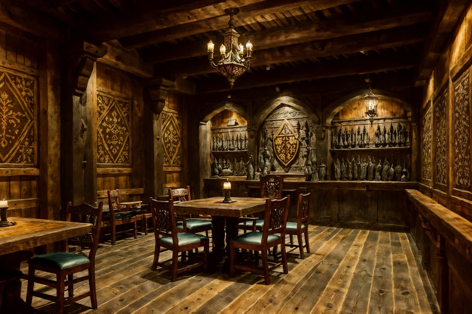 medieval-style (coffee shop interior) . with stone or wooden floor and intricate wooden inlay designs and carvings and medieval shields on the wall and deep colors like red, gold, or blue and castle interior and heavy furniture pieces and stone walls and carved wooden tables. . cinematic photo, highly detailed, cinematic lighting, ultra-detailed, ultrarealistic, photorealism, 8k. medieval interior design style. masterpiece, cinematic light, ultrarealistic+, photorealistic+, 8k, raw photo, realistic, sharp focus on eyes, (symmetrical eyes), (intact eyes), hyperrealistic, highest quality, best quality, , highly detailed, masterpiece, best quality, extremely detailed 8k wallpaper, masterpiece, best quality, ultra-detailed, best shadow, detailed background, detailed face, detailed eyes, high contrast, best illumination, detailed face, dulux, caustic, dynamic angle, detailed glow. dramatic lighting. highly detailed, insanely detailed hair, symmetrical, intricate details, professionally retouched, 8k high definition. strong bokeh. award winning photo.