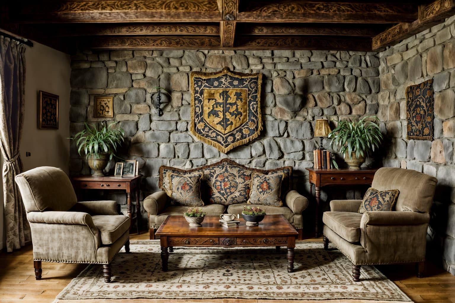 medieval-style (living room interior) with chairs and coffee tables and plant and televisions and rug and sofa and occasional tables and furniture. . with stone walls and upholstery on chairs and sofas and carved wooden chairs and castle interior and medieval shields on the wall and castle interior and velvet, chenille, damask, and brocade draperies and fabrics and deep colors like red, gold, or blue. . cinematic photo, highly detailed, cinematic lighting, ultra-detailed, ultrarealistic, photorealism, 8k. medieval interior design style. masterpiece, cinematic light, ultrarealistic+, photorealistic+, 8k, raw photo, realistic, sharp focus on eyes, (symmetrical eyes), (intact eyes), hyperrealistic, highest quality, best quality, , highly detailed, masterpiece, best quality, extremely detailed 8k wallpaper, masterpiece, best quality, ultra-detailed, best shadow, detailed background, detailed face, detailed eyes, high contrast, best illumination, detailed face, dulux, caustic, dynamic angle, detailed glow. dramatic lighting. highly detailed, insanely detailed hair, symmetrical, intricate details, professionally retouched, 8k high definition. strong bokeh. award winning photo.