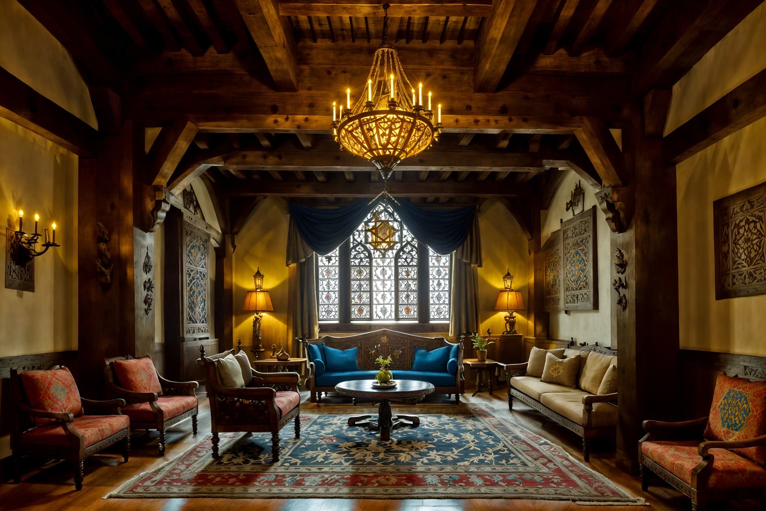 medieval-style (hotel lobby interior) with furniture and lounge chairs and coffee tables and sofas and hanging lamps and plant and check in desk and rug. . with castle interior and medieval shields on the wall and castle interior and intricate wooden inlay designs and carvings and deep colors like red, gold, or blue and gothic appearance and stone walls and timber beams. . cinematic photo, highly detailed, cinematic lighting, ultra-detailed, ultrarealistic, photorealism, 8k. medieval interior design style. masterpiece, cinematic light, ultrarealistic+, photorealistic+, 8k, raw photo, realistic, sharp focus on eyes, (symmetrical eyes), (intact eyes), hyperrealistic, highest quality, best quality, , highly detailed, masterpiece, best quality, extremely detailed 8k wallpaper, masterpiece, best quality, ultra-detailed, best shadow, detailed background, detailed face, detailed eyes, high contrast, best illumination, detailed face, dulux, caustic, dynamic angle, detailed glow. dramatic lighting. highly detailed, insanely detailed hair, symmetrical, intricate details, professionally retouched, 8k high definition. strong bokeh. award winning photo.