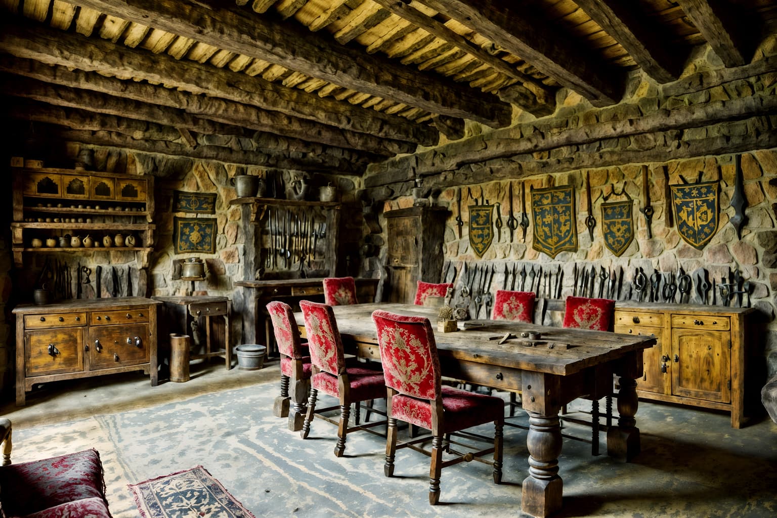 medieval-style (workshop interior) with messy and wooden workbench and tool wall and messy. . with castle interior and stone walls and timber walls and upholstery on chairs and sofas and velvet, chenille, damask, and brocade draperies and fabrics and medieval shields on the wall and heavy furniture pieces and deep colors like red, gold, or blue. . cinematic photo, highly detailed, cinematic lighting, ultra-detailed, ultrarealistic, photorealism, 8k. medieval interior design style. masterpiece, cinematic light, ultrarealistic+, photorealistic+, 8k, raw photo, realistic, sharp focus on eyes, (symmetrical eyes), (intact eyes), hyperrealistic, highest quality, best quality, , highly detailed, masterpiece, best quality, extremely detailed 8k wallpaper, masterpiece, best quality, ultra-detailed, best shadow, detailed background, detailed face, detailed eyes, high contrast, best illumination, detailed face, dulux, caustic, dynamic angle, detailed glow. dramatic lighting. highly detailed, insanely detailed hair, symmetrical, intricate details, professionally retouched, 8k high definition. strong bokeh. award winning photo.