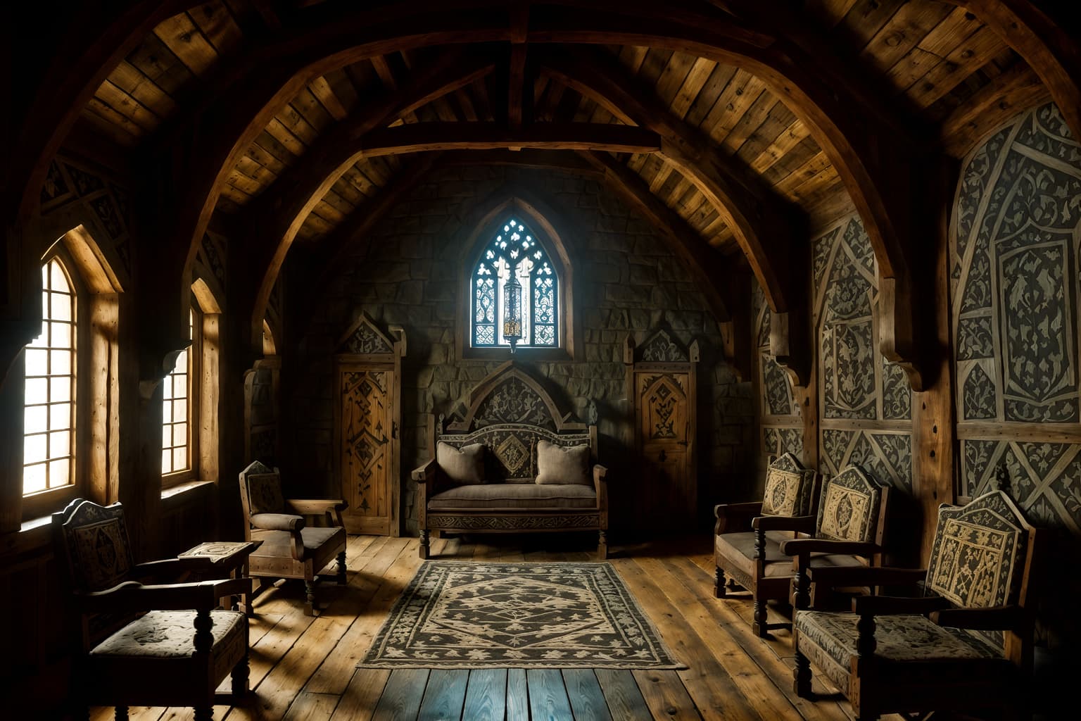 medieval-style (attic interior) . with gothic appearance and stone walls and carved wooden chairs and castle interior and medieval shields on the wall and castle interior and intricate wooden inlay designs and carvings and upholstery on chairs and sofas. . cinematic photo, highly detailed, cinematic lighting, ultra-detailed, ultrarealistic, photorealism, 8k. medieval interior design style. masterpiece, cinematic light, ultrarealistic+, photorealistic+, 8k, raw photo, realistic, sharp focus on eyes, (symmetrical eyes), (intact eyes), hyperrealistic, highest quality, best quality, , highly detailed, masterpiece, best quality, extremely detailed 8k wallpaper, masterpiece, best quality, ultra-detailed, best shadow, detailed background, detailed face, detailed eyes, high contrast, best illumination, detailed face, dulux, caustic, dynamic angle, detailed glow. dramatic lighting. highly detailed, insanely detailed hair, symmetrical, intricate details, professionally retouched, 8k high definition. strong bokeh. award winning photo.