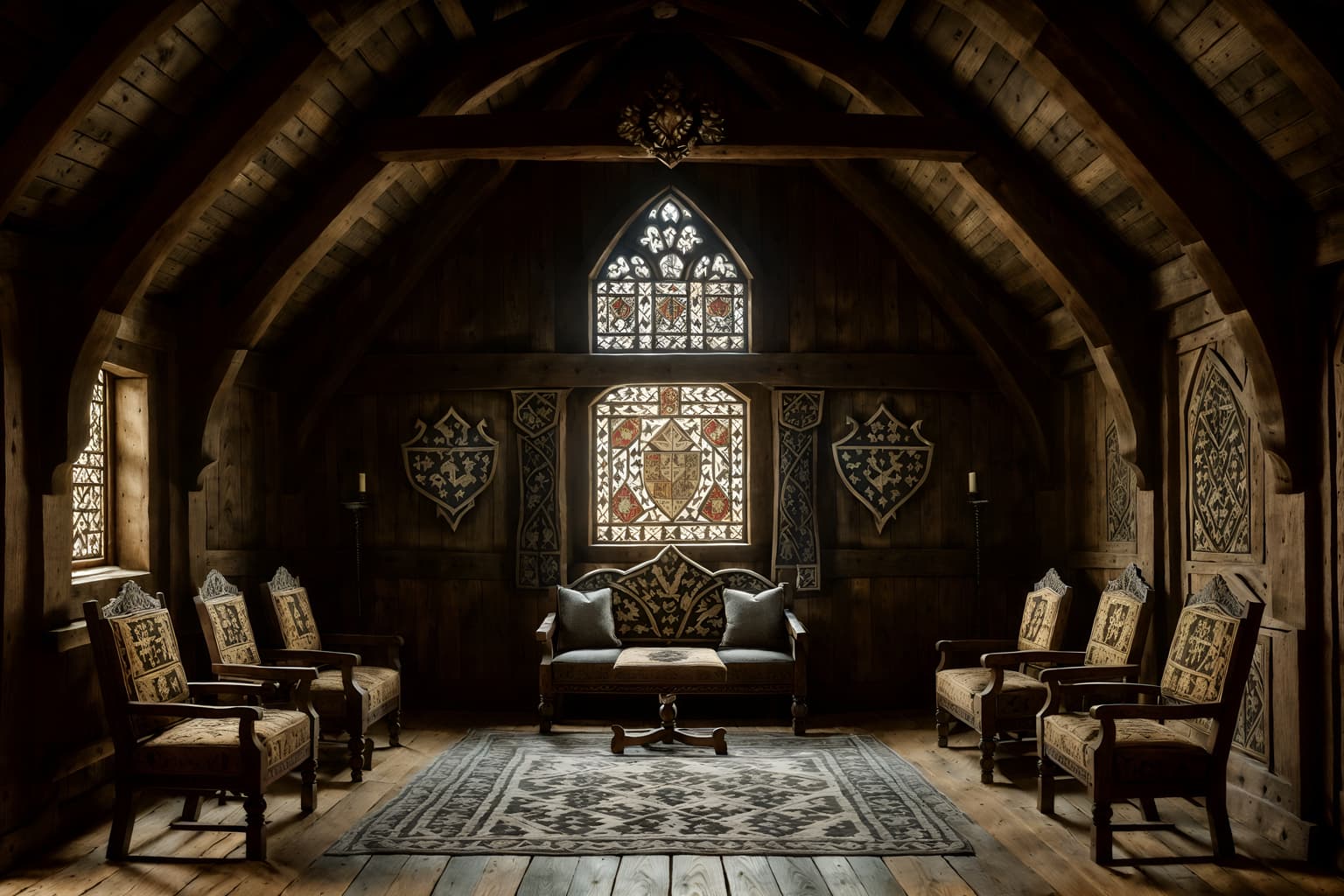 medieval-style (attic interior) . with gothic appearance and stone walls and carved wooden chairs and castle interior and medieval shields on the wall and castle interior and intricate wooden inlay designs and carvings and upholstery on chairs and sofas. . cinematic photo, highly detailed, cinematic lighting, ultra-detailed, ultrarealistic, photorealism, 8k. medieval interior design style. masterpiece, cinematic light, ultrarealistic+, photorealistic+, 8k, raw photo, realistic, sharp focus on eyes, (symmetrical eyes), (intact eyes), hyperrealistic, highest quality, best quality, , highly detailed, masterpiece, best quality, extremely detailed 8k wallpaper, masterpiece, best quality, ultra-detailed, best shadow, detailed background, detailed face, detailed eyes, high contrast, best illumination, detailed face, dulux, caustic, dynamic angle, detailed glow. dramatic lighting. highly detailed, insanely detailed hair, symmetrical, intricate details, professionally retouched, 8k high definition. strong bokeh. award winning photo.