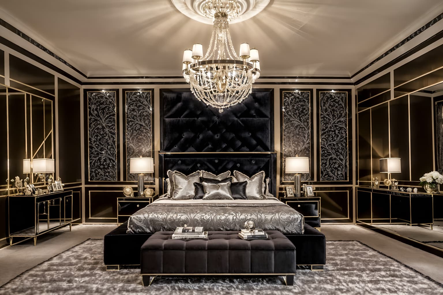 hollywood glam-style (bedroom interior) with headboard and night light and bed and plant and mirror and bedside table or night stand and accent chair and storage bench or ottoman. . . cinematic photo, highly detailed, cinematic lighting, ultra-detailed, ultrarealistic, photorealism, 8k. hollywood glam interior design style. masterpiece, cinematic light, ultrarealistic+, photorealistic+, 8k, raw photo, realistic, sharp focus on eyes, (symmetrical eyes), (intact eyes), hyperrealistic, highest quality, best quality, , highly detailed, masterpiece, best quality, extremely detailed 8k wallpaper, masterpiece, best quality, ultra-detailed, best shadow, detailed background, detailed face, detailed eyes, high contrast, best illumination, detailed face, dulux, caustic, dynamic angle, detailed glow. dramatic lighting. highly detailed, insanely detailed hair, symmetrical, intricate details, professionally retouched, 8k high definition. strong bokeh. award winning photo.