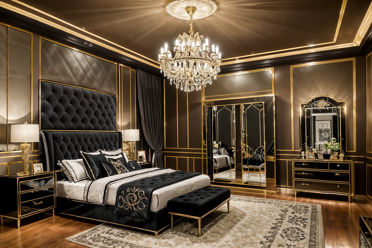 hollywood glam-style (bedroom interior) with headboard and night light and bed and plant and mirror and bedside table or night stand and accent chair and storage bench or ottoman. . . cinematic photo, highly detailed, cinematic lighting, ultra-detailed, ultrarealistic, photorealism, 8k. hollywood glam interior design style. masterpiece, cinematic light, ultrarealistic+, photorealistic+, 8k, raw photo, realistic, sharp focus on eyes, (symmetrical eyes), (intact eyes), hyperrealistic, highest quality, best quality, , highly detailed, masterpiece, best quality, extremely detailed 8k wallpaper, masterpiece, best quality, ultra-detailed, best shadow, detailed background, detailed face, detailed eyes, high contrast, best illumination, detailed face, dulux, caustic, dynamic angle, detailed glow. dramatic lighting. highly detailed, insanely detailed hair, symmetrical, intricate details, professionally retouched, 8k high definition. strong bokeh. award winning photo.