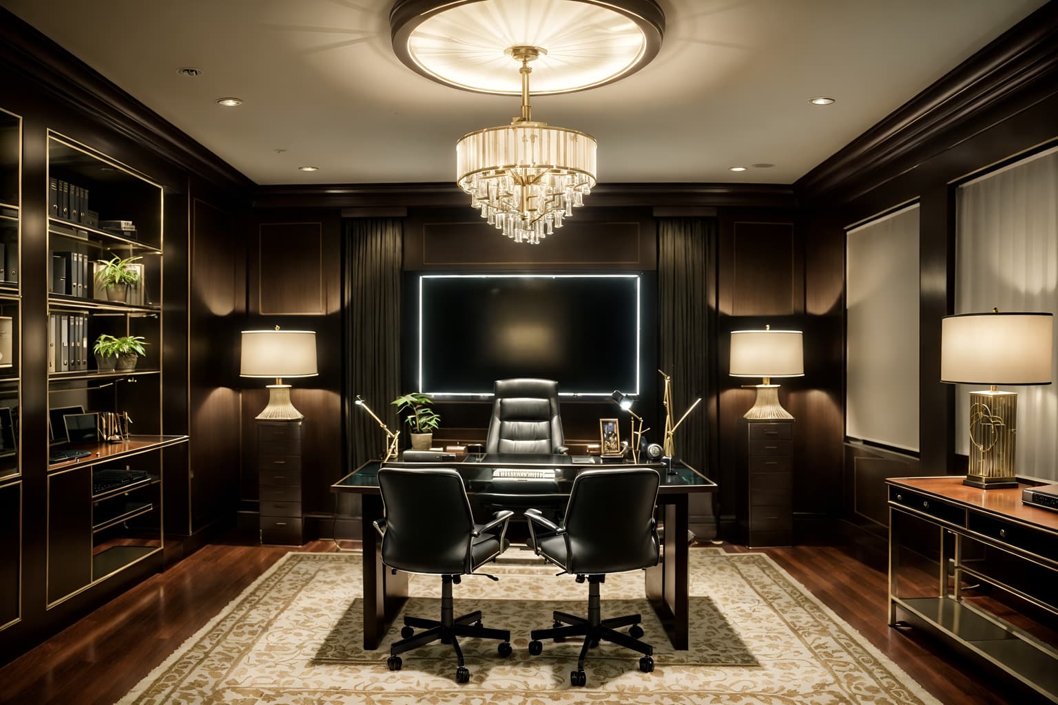 hollywood glam-style (office interior) with computer desks and desk lamps and cabinets and office desks and seating area with sofa and office chairs and plants and windows. . . cinematic photo, highly detailed, cinematic lighting, ultra-detailed, ultrarealistic, photorealism, 8k. hollywood glam interior design style. masterpiece, cinematic light, ultrarealistic+, photorealistic+, 8k, raw photo, realistic, sharp focus on eyes, (symmetrical eyes), (intact eyes), hyperrealistic, highest quality, best quality, , highly detailed, masterpiece, best quality, extremely detailed 8k wallpaper, masterpiece, best quality, ultra-detailed, best shadow, detailed background, detailed face, detailed eyes, high contrast, best illumination, detailed face, dulux, caustic, dynamic angle, detailed glow. dramatic lighting. highly detailed, insanely detailed hair, symmetrical, intricate details, professionally retouched, 8k high definition. strong bokeh. award winning photo.