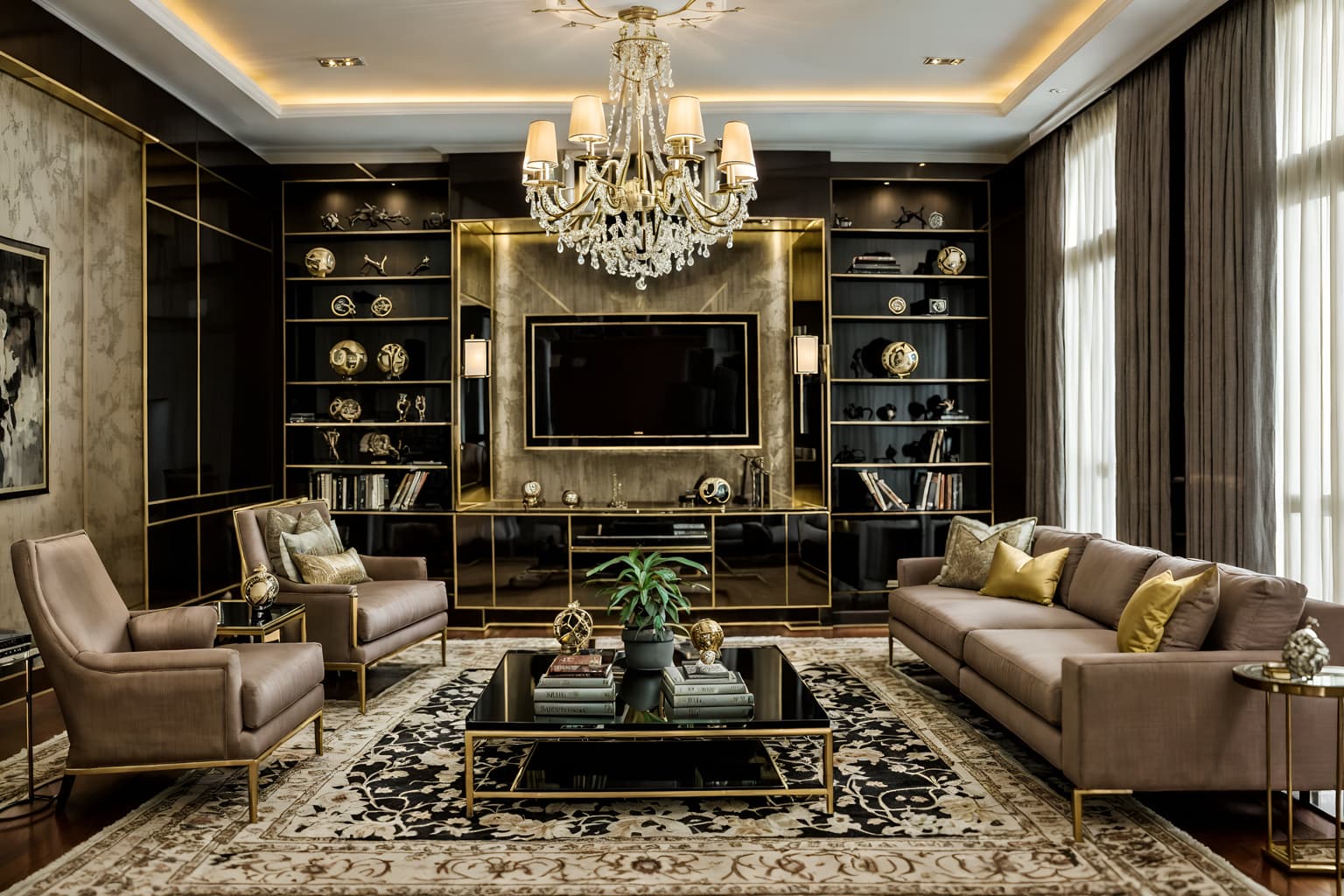 hollywood glam-style (living room interior) with sofa and electric lamps and coffee tables and occasional tables and televisions and rug and plant and bookshelves. . . cinematic photo, highly detailed, cinematic lighting, ultra-detailed, ultrarealistic, photorealism, 8k. hollywood glam interior design style. masterpiece, cinematic light, ultrarealistic+, photorealistic+, 8k, raw photo, realistic, sharp focus on eyes, (symmetrical eyes), (intact eyes), hyperrealistic, highest quality, best quality, , highly detailed, masterpiece, best quality, extremely detailed 8k wallpaper, masterpiece, best quality, ultra-detailed, best shadow, detailed background, detailed face, detailed eyes, high contrast, best illumination, detailed face, dulux, caustic, dynamic angle, detailed glow. dramatic lighting. highly detailed, insanely detailed hair, symmetrical, intricate details, professionally retouched, 8k high definition. strong bokeh. award winning photo.