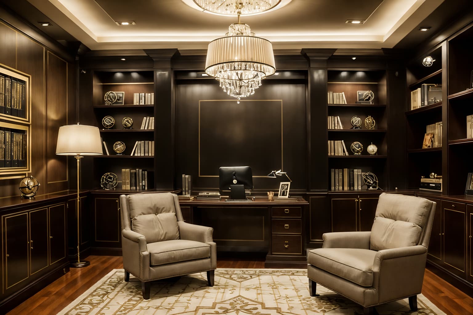 hollywood glam-style (study room interior) with office chair and bookshelves and desk lamp and lounge chair and cabinets and writing desk and plant and office chair. . . cinematic photo, highly detailed, cinematic lighting, ultra-detailed, ultrarealistic, photorealism, 8k. hollywood glam interior design style. masterpiece, cinematic light, ultrarealistic+, photorealistic+, 8k, raw photo, realistic, sharp focus on eyes, (symmetrical eyes), (intact eyes), hyperrealistic, highest quality, best quality, , highly detailed, masterpiece, best quality, extremely detailed 8k wallpaper, masterpiece, best quality, ultra-detailed, best shadow, detailed background, detailed face, detailed eyes, high contrast, best illumination, detailed face, dulux, caustic, dynamic angle, detailed glow. dramatic lighting. highly detailed, insanely detailed hair, symmetrical, intricate details, professionally retouched, 8k high definition. strong bokeh. award winning photo.