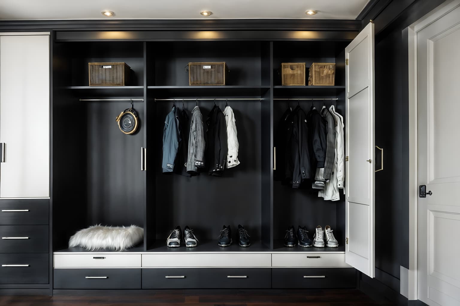 hollywood glam-style (drop zone interior) with high up storage and storage baskets and wall hooks for coats and a bench and lockers and storage drawers and shelves for shoes and cabinets. . . cinematic photo, highly detailed, cinematic lighting, ultra-detailed, ultrarealistic, photorealism, 8k. hollywood glam interior design style. masterpiece, cinematic light, ultrarealistic+, photorealistic+, 8k, raw photo, realistic, sharp focus on eyes, (symmetrical eyes), (intact eyes), hyperrealistic, highest quality, best quality, , highly detailed, masterpiece, best quality, extremely detailed 8k wallpaper, masterpiece, best quality, ultra-detailed, best shadow, detailed background, detailed face, detailed eyes, high contrast, best illumination, detailed face, dulux, caustic, dynamic angle, detailed glow. dramatic lighting. highly detailed, insanely detailed hair, symmetrical, intricate details, professionally retouched, 8k high definition. strong bokeh. award winning photo.