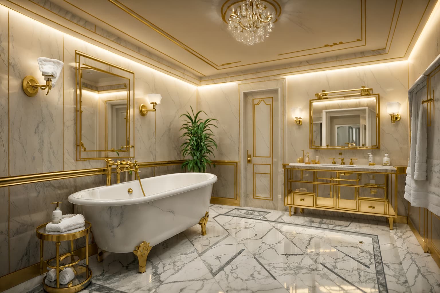 hollywood glam-style (hotel bathroom interior) with bathtub and bathroom cabinet and bath towel and shower and toilet seat and bathroom sink with faucet and plant and waste basket. . . cinematic photo, highly detailed, cinematic lighting, ultra-detailed, ultrarealistic, photorealism, 8k. hollywood glam interior design style. masterpiece, cinematic light, ultrarealistic+, photorealistic+, 8k, raw photo, realistic, sharp focus on eyes, (symmetrical eyes), (intact eyes), hyperrealistic, highest quality, best quality, , highly detailed, masterpiece, best quality, extremely detailed 8k wallpaper, masterpiece, best quality, ultra-detailed, best shadow, detailed background, detailed face, detailed eyes, high contrast, best illumination, detailed face, dulux, caustic, dynamic angle, detailed glow. dramatic lighting. highly detailed, insanely detailed hair, symmetrical, intricate details, professionally retouched, 8k high definition. strong bokeh. award winning photo.