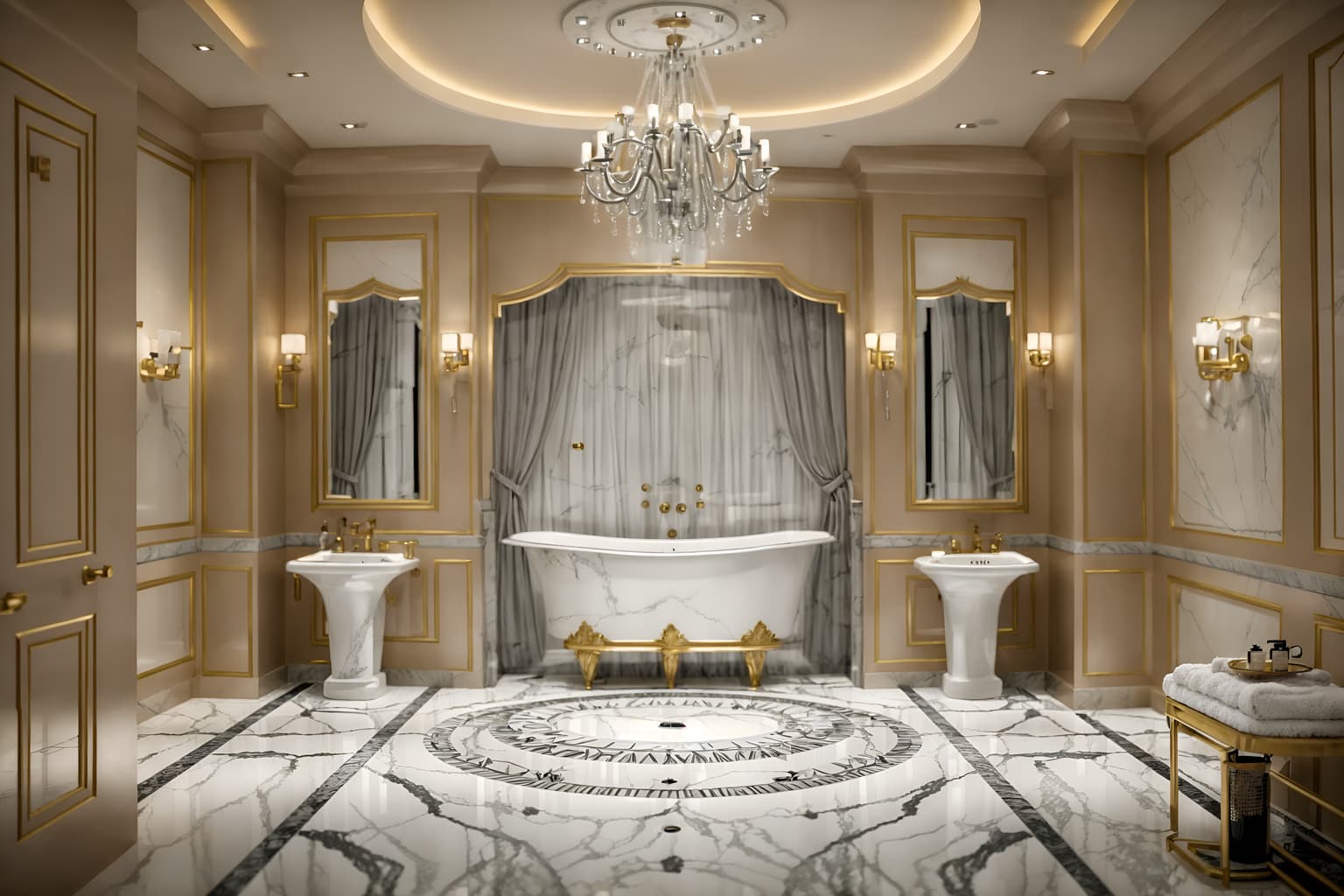 hollywood glam-style (hotel bathroom interior) with bathtub and bathroom cabinet and bath towel and shower and toilet seat and bathroom sink with faucet and plant and waste basket. . . cinematic photo, highly detailed, cinematic lighting, ultra-detailed, ultrarealistic, photorealism, 8k. hollywood glam interior design style. masterpiece, cinematic light, ultrarealistic+, photorealistic+, 8k, raw photo, realistic, sharp focus on eyes, (symmetrical eyes), (intact eyes), hyperrealistic, highest quality, best quality, , highly detailed, masterpiece, best quality, extremely detailed 8k wallpaper, masterpiece, best quality, ultra-detailed, best shadow, detailed background, detailed face, detailed eyes, high contrast, best illumination, detailed face, dulux, caustic, dynamic angle, detailed glow. dramatic lighting. highly detailed, insanely detailed hair, symmetrical, intricate details, professionally retouched, 8k high definition. strong bokeh. award winning photo.