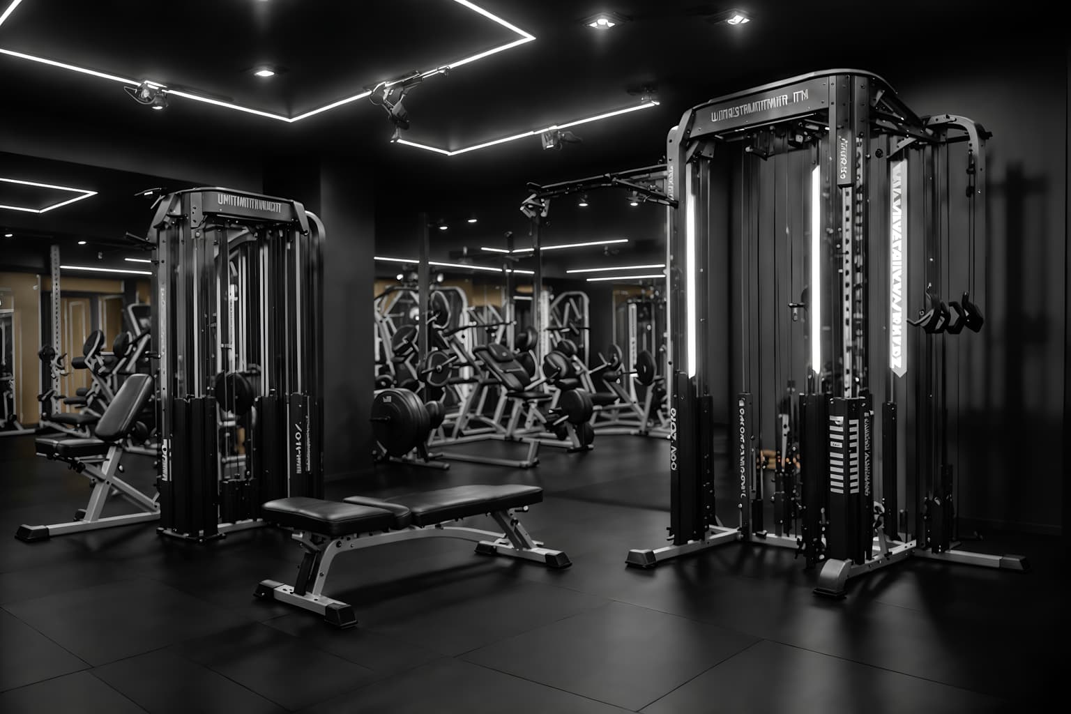 hollywood glam-style (fitness gym interior) with crosstrainer and bench press and dumbbell stand and squat rack and exercise bicycle and crosstrainer. . . cinematic photo, highly detailed, cinematic lighting, ultra-detailed, ultrarealistic, photorealism, 8k. hollywood glam interior design style. masterpiece, cinematic light, ultrarealistic+, photorealistic+, 8k, raw photo, realistic, sharp focus on eyes, (symmetrical eyes), (intact eyes), hyperrealistic, highest quality, best quality, , highly detailed, masterpiece, best quality, extremely detailed 8k wallpaper, masterpiece, best quality, ultra-detailed, best shadow, detailed background, detailed face, detailed eyes, high contrast, best illumination, detailed face, dulux, caustic, dynamic angle, detailed glow. dramatic lighting. highly detailed, insanely detailed hair, symmetrical, intricate details, professionally retouched, 8k high definition. strong bokeh. award winning photo.