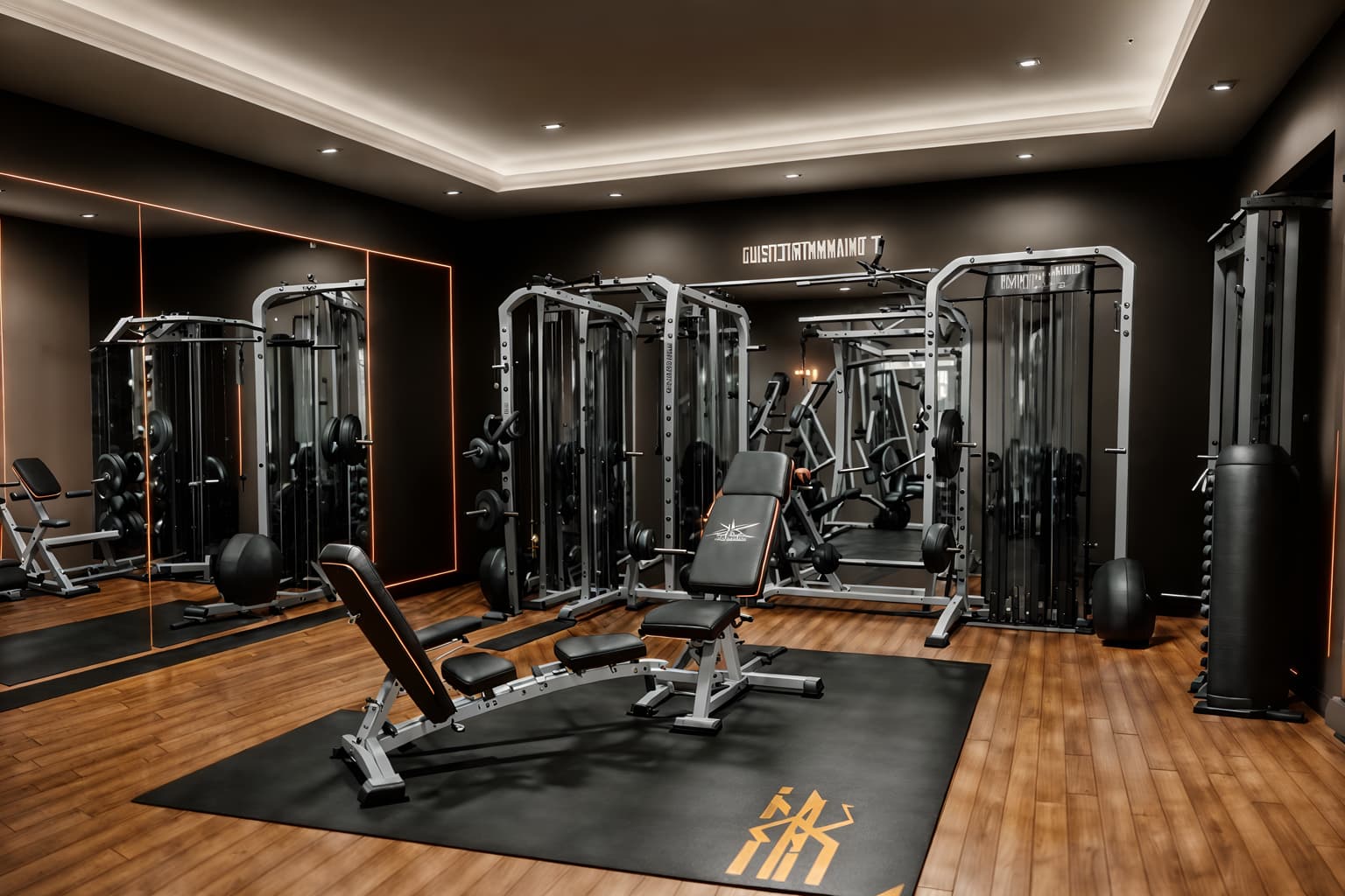 hollywood glam-style (fitness gym interior) with crosstrainer and bench press and dumbbell stand and squat rack and exercise bicycle and crosstrainer. . . cinematic photo, highly detailed, cinematic lighting, ultra-detailed, ultrarealistic, photorealism, 8k. hollywood glam interior design style. masterpiece, cinematic light, ultrarealistic+, photorealistic+, 8k, raw photo, realistic, sharp focus on eyes, (symmetrical eyes), (intact eyes), hyperrealistic, highest quality, best quality, , highly detailed, masterpiece, best quality, extremely detailed 8k wallpaper, masterpiece, best quality, ultra-detailed, best shadow, detailed background, detailed face, detailed eyes, high contrast, best illumination, detailed face, dulux, caustic, dynamic angle, detailed glow. dramatic lighting. highly detailed, insanely detailed hair, symmetrical, intricate details, professionally retouched, 8k high definition. strong bokeh. award winning photo.