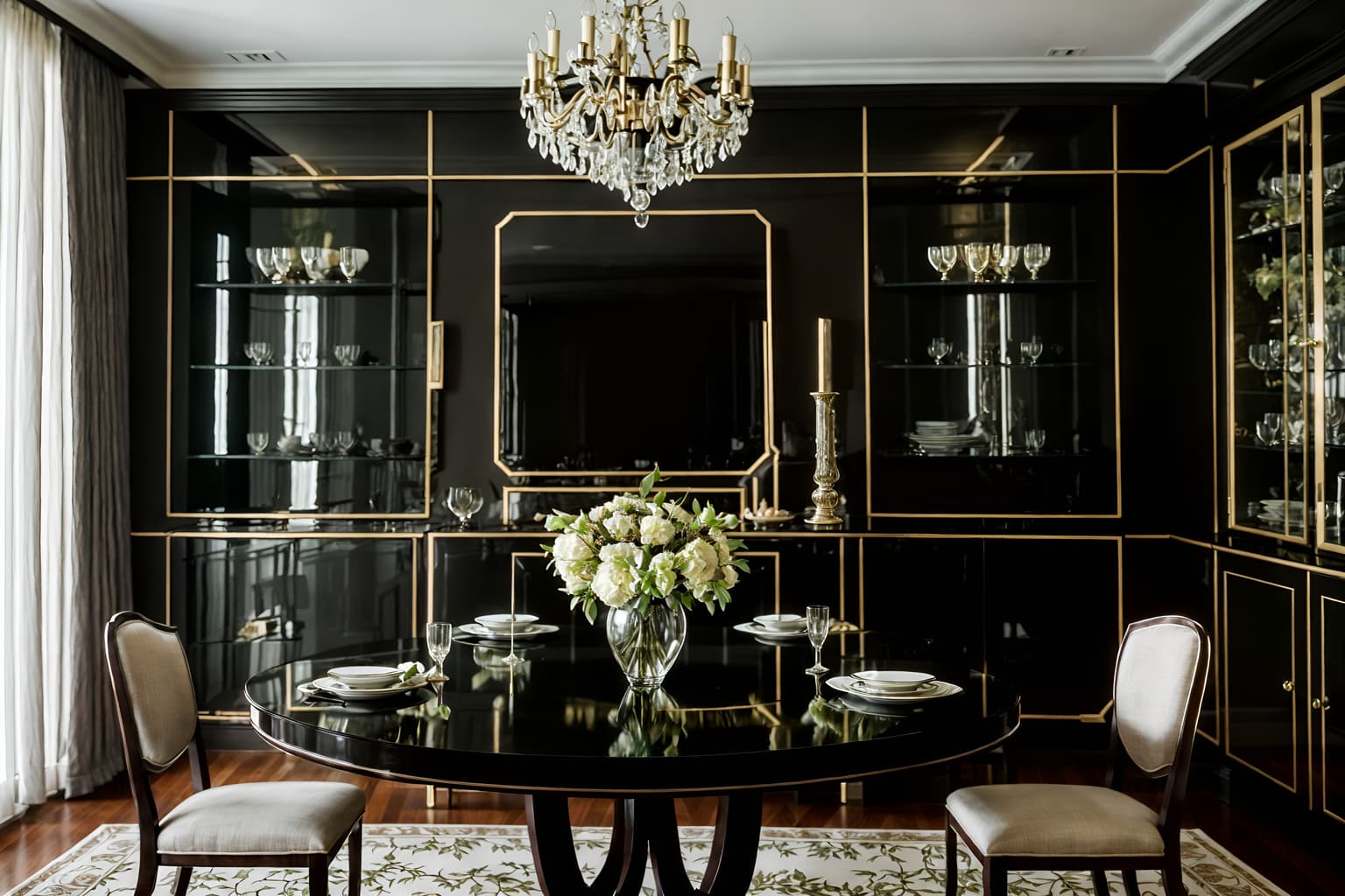 hollywood glam-style (dining room interior) with plant and painting or photo on wall and dining table chairs and vase and table cloth and dining table and bookshelves and plates, cutlery and glasses on dining table. . . cinematic photo, highly detailed, cinematic lighting, ultra-detailed, ultrarealistic, photorealism, 8k. hollywood glam interior design style. masterpiece, cinematic light, ultrarealistic+, photorealistic+, 8k, raw photo, realistic, sharp focus on eyes, (symmetrical eyes), (intact eyes), hyperrealistic, highest quality, best quality, , highly detailed, masterpiece, best quality, extremely detailed 8k wallpaper, masterpiece, best quality, ultra-detailed, best shadow, detailed background, detailed face, detailed eyes, high contrast, best illumination, detailed face, dulux, caustic, dynamic angle, detailed glow. dramatic lighting. highly detailed, insanely detailed hair, symmetrical, intricate details, professionally retouched, 8k high definition. strong bokeh. award winning photo.